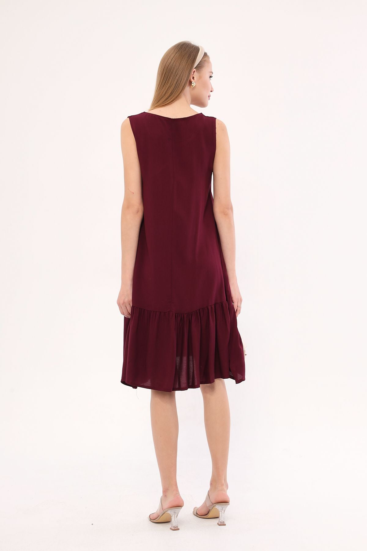 Woman Dark Bordeaux Sleeveless Skirt Ruffle Dress Arm-18y001156