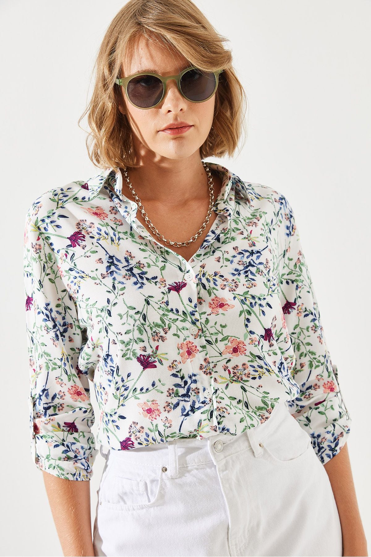 Women's Arm Folding Flower Patterned Shirt 60251778