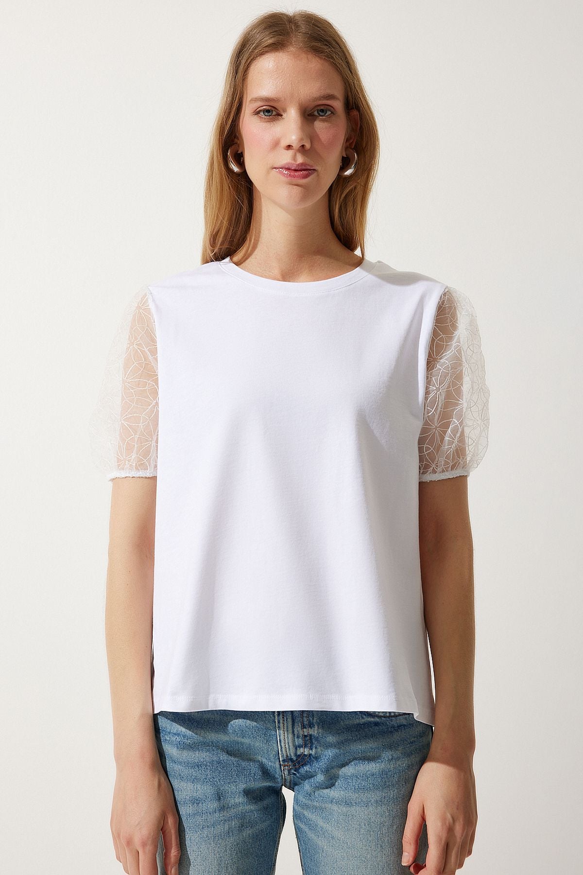 Women's white arms tulle detailed knitting t-shirt wo00033