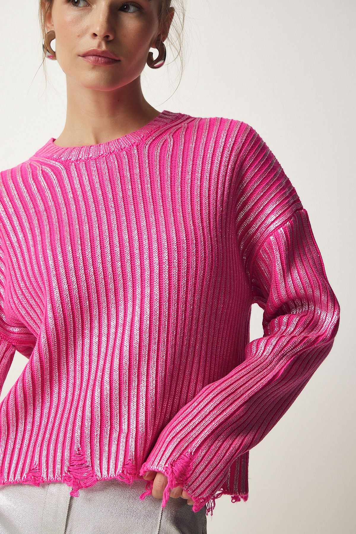 Woman Pink Torn Detailed Bright Knitwear Sweater PF00021