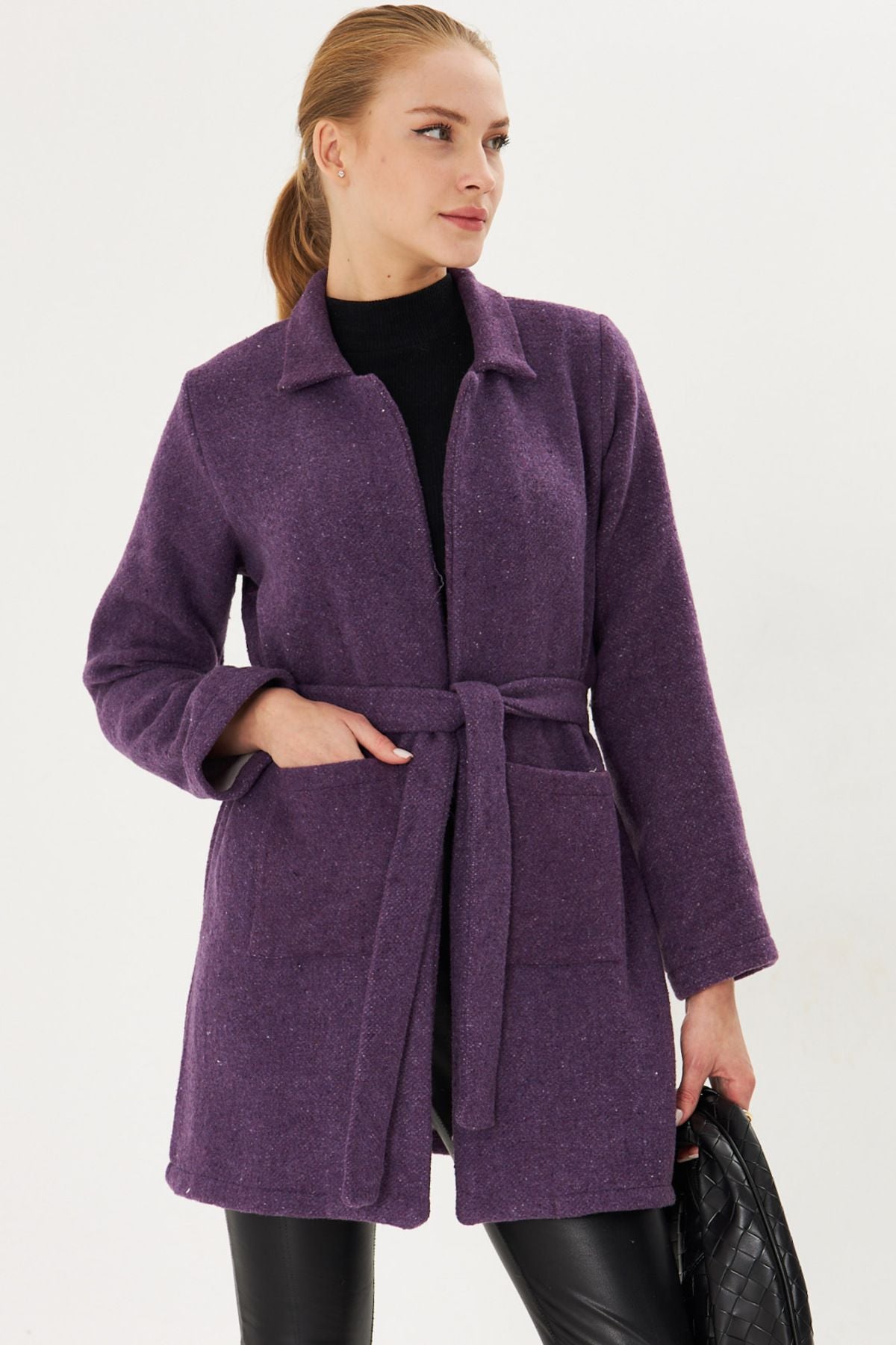 Female purple men's collar pocket belt coat Arm-25k001053