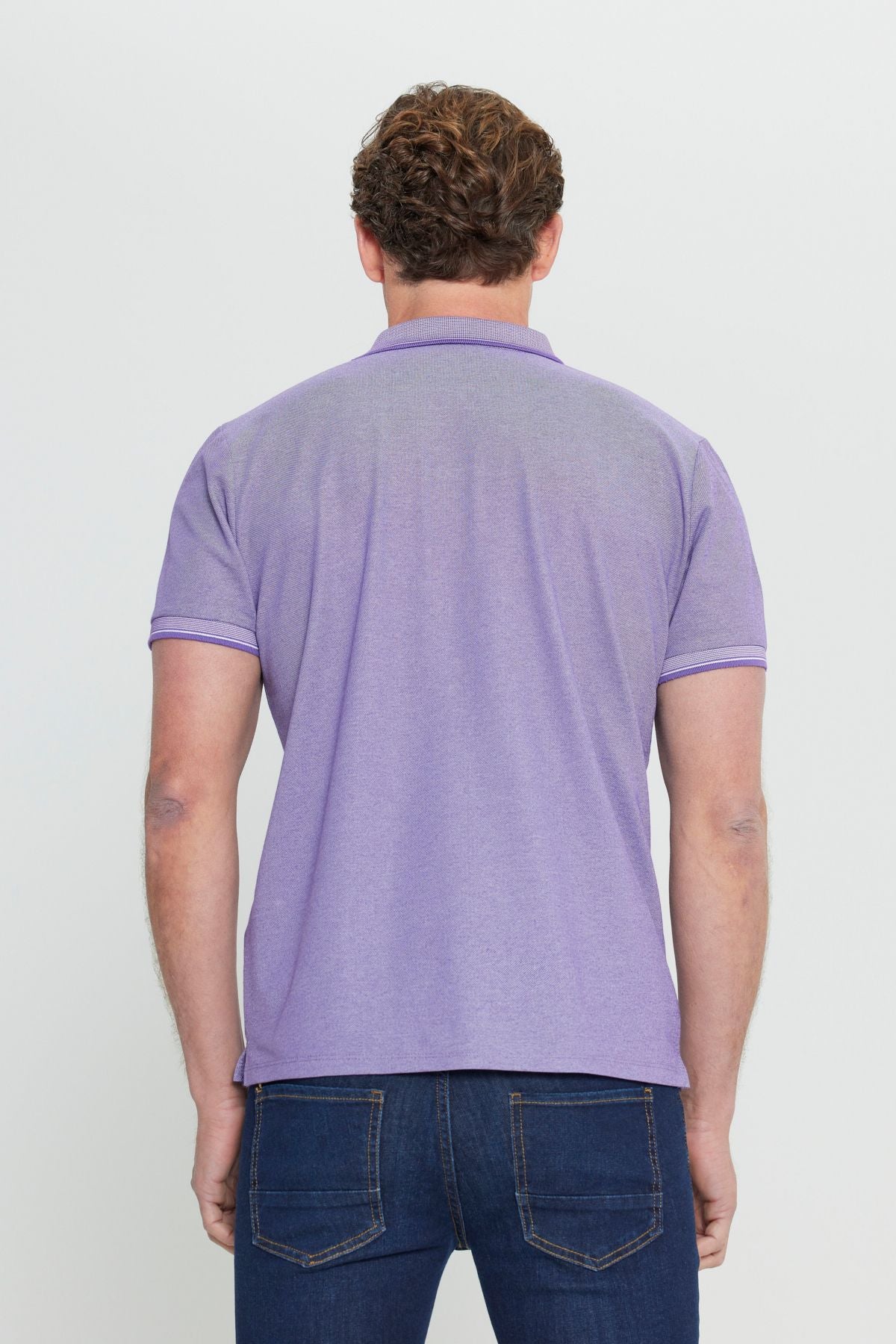Men-Plugging Cotton Fabric Slim Fit Narrow Cut Purple-White Curlled Polo Yaka T-shirt