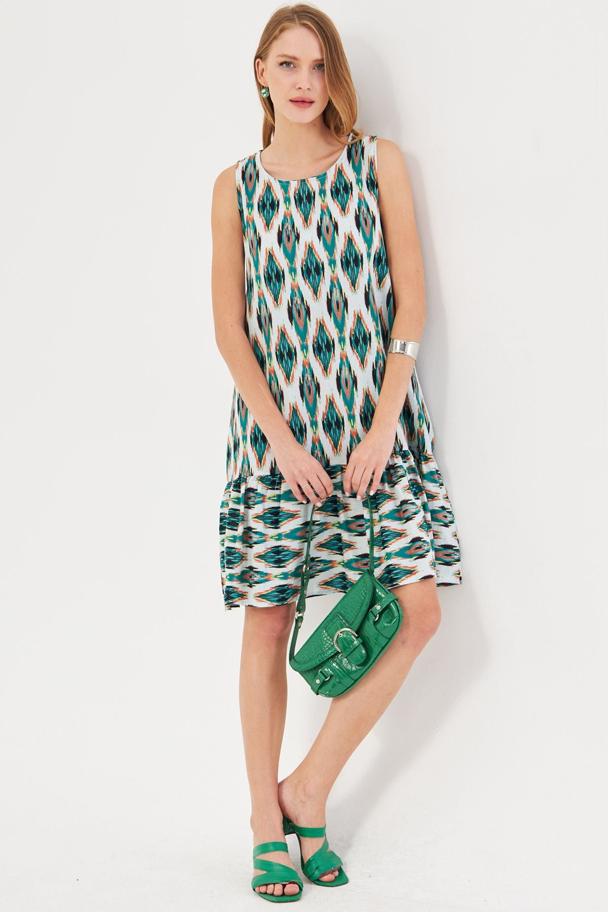 Woman Green Patterned Sleeveless Skirt Ruffed Dress ARM-22K001142