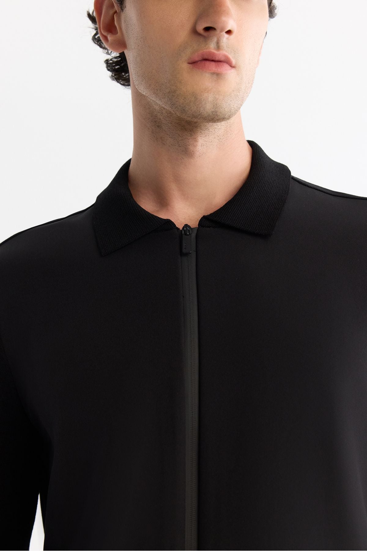 Men's Black Polo Yaka Zippered Pocket Rayon Cardigan A42Y5047