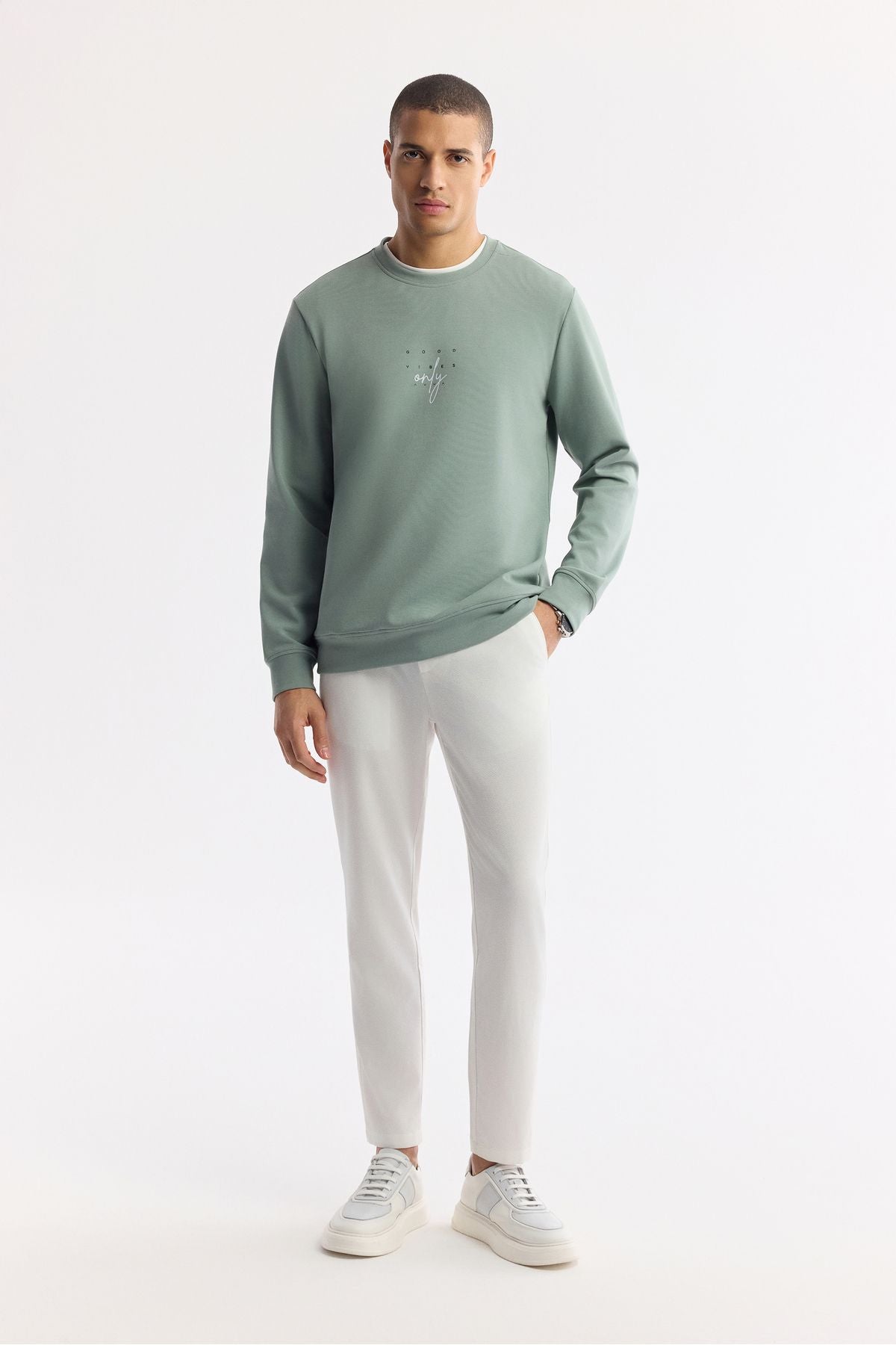 Men's Mint Green Bicycle Collar Printed Interlok Sweatshirt A51y1235