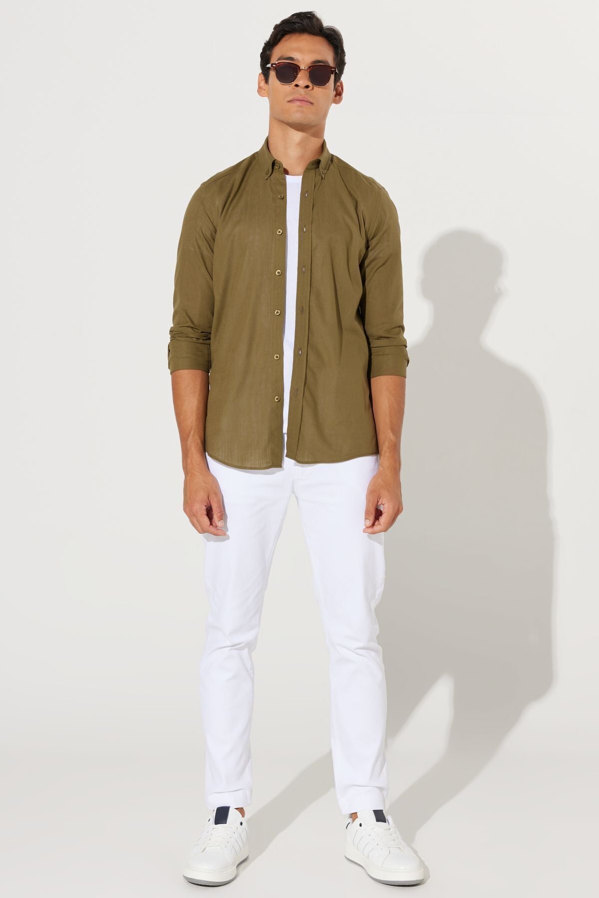 Male K.Haki 100 %Cotton Breathing Fabric Flamle Oxford Slim Fit button with Fit button collar shirt