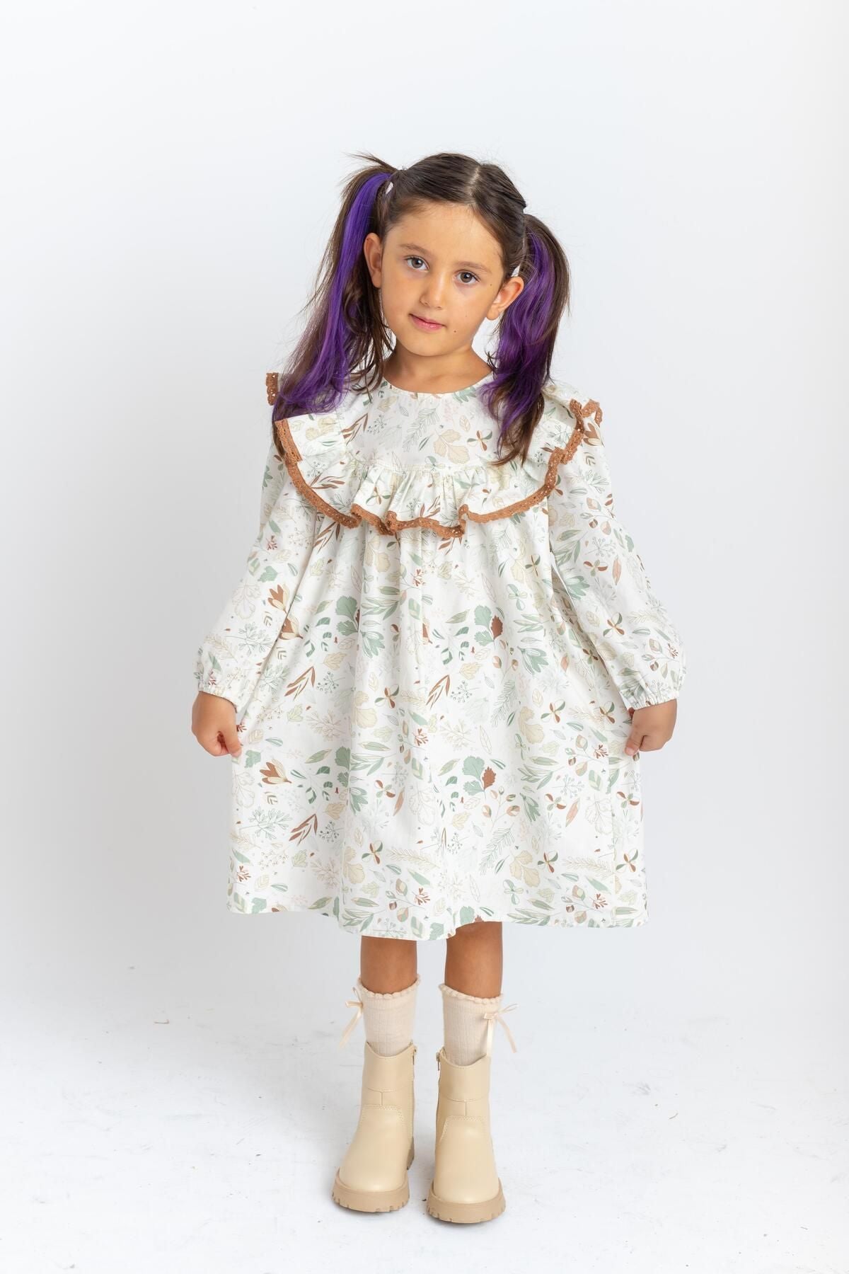 Ruffle lace poplin dress 2-7 years ecru patter