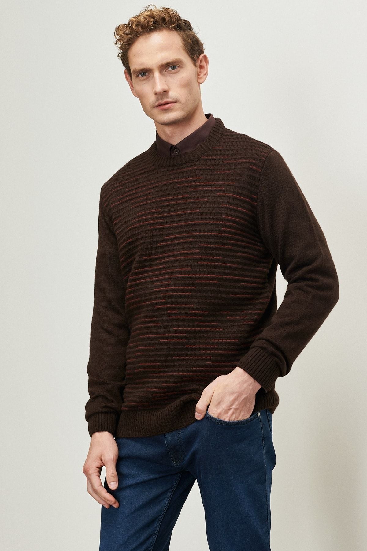 Men's Brown-Bordo Standard Fit Normal Cut Normal Cycling Bicycle Tissue Patterned Knitwear Sweater