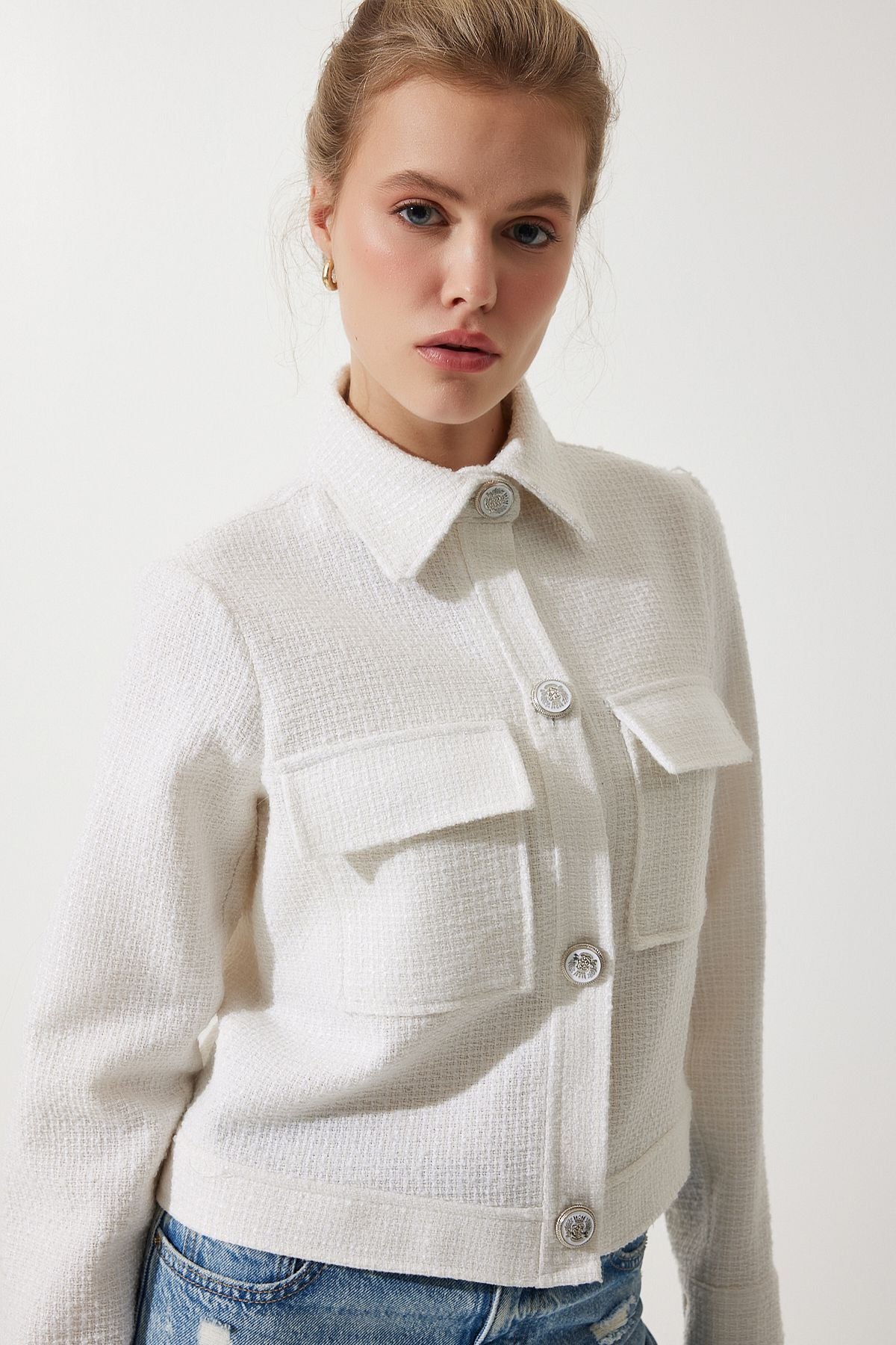 Woman Broken White Stylish Button Pocket Woven Tüvit Jacket WF00063