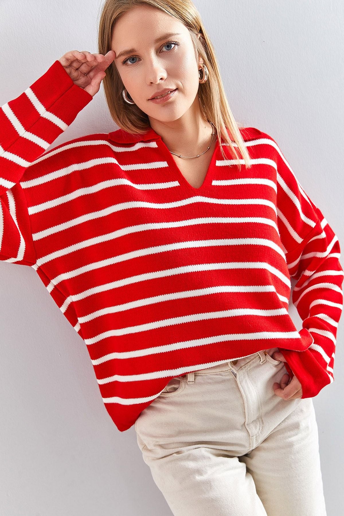 Woman Polo Yaka Striped Oversize Knitwear Sweater