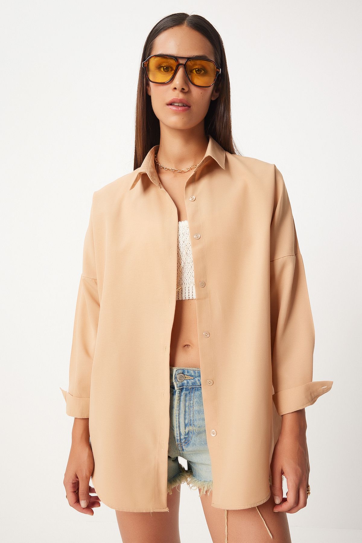 Woman Open Biscuit Oversize Long Basic Shirt DD00842