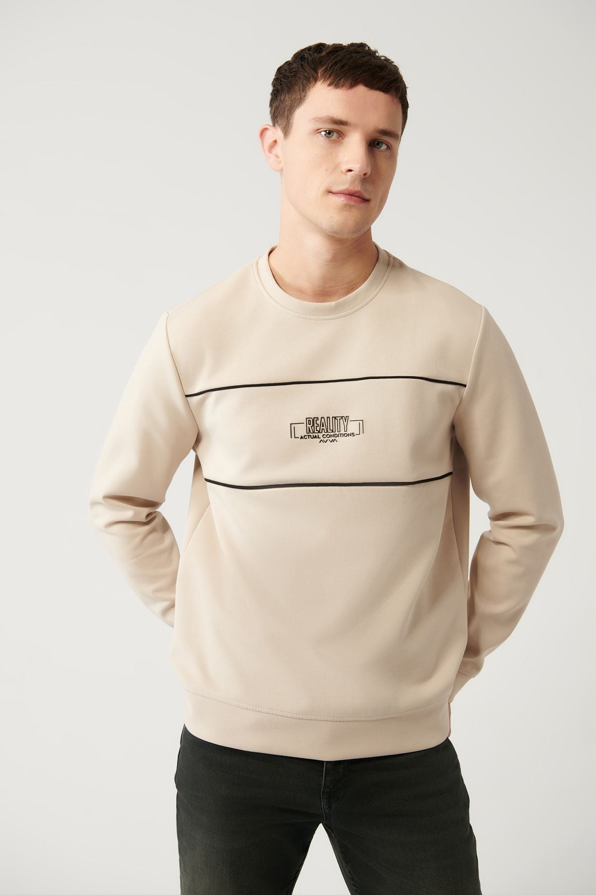 Erkek Bej Bisiklet Yaka Interlok Kumaş Göğsü Baskılı Sweatshirt A32y1228