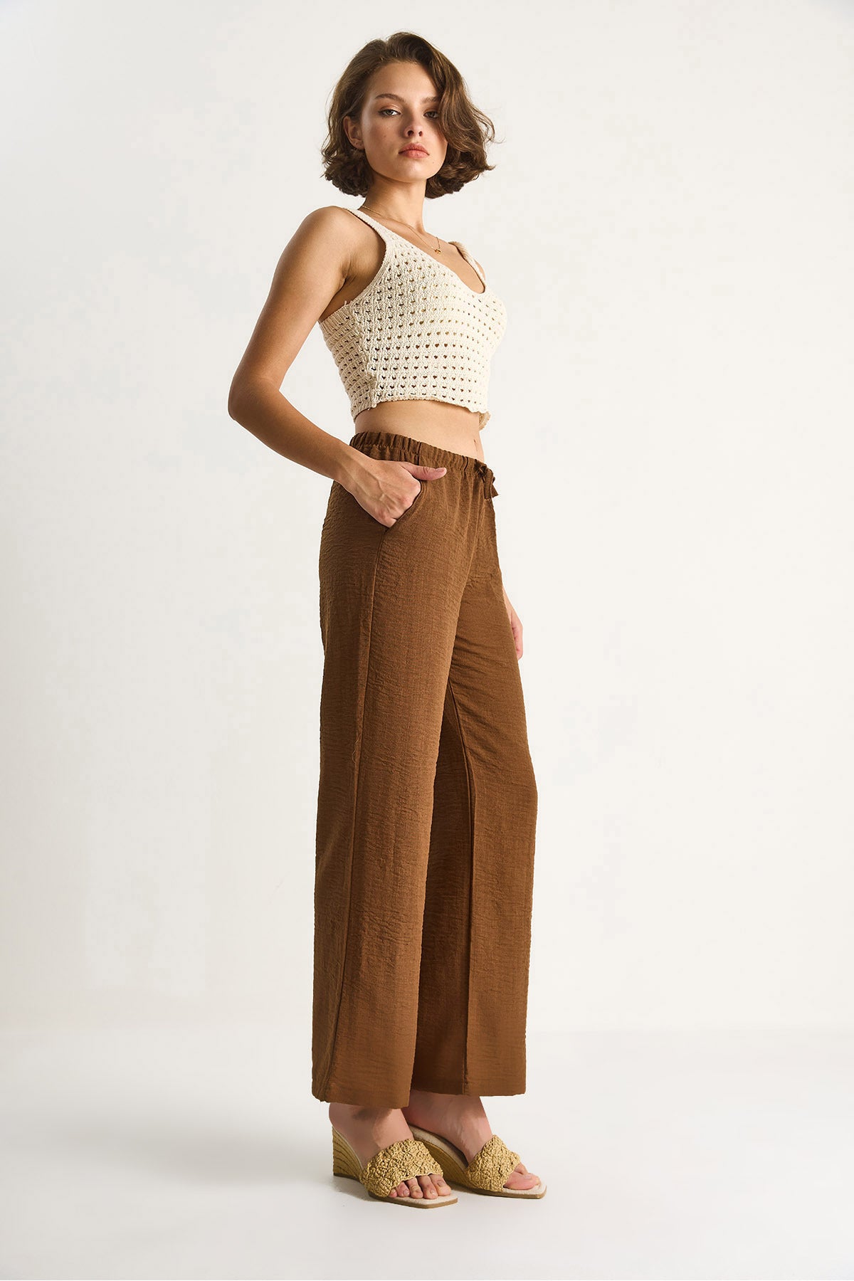 Women's Tie Waist Pocket Detailed Linen Palazzo Trousers R6675 60283146