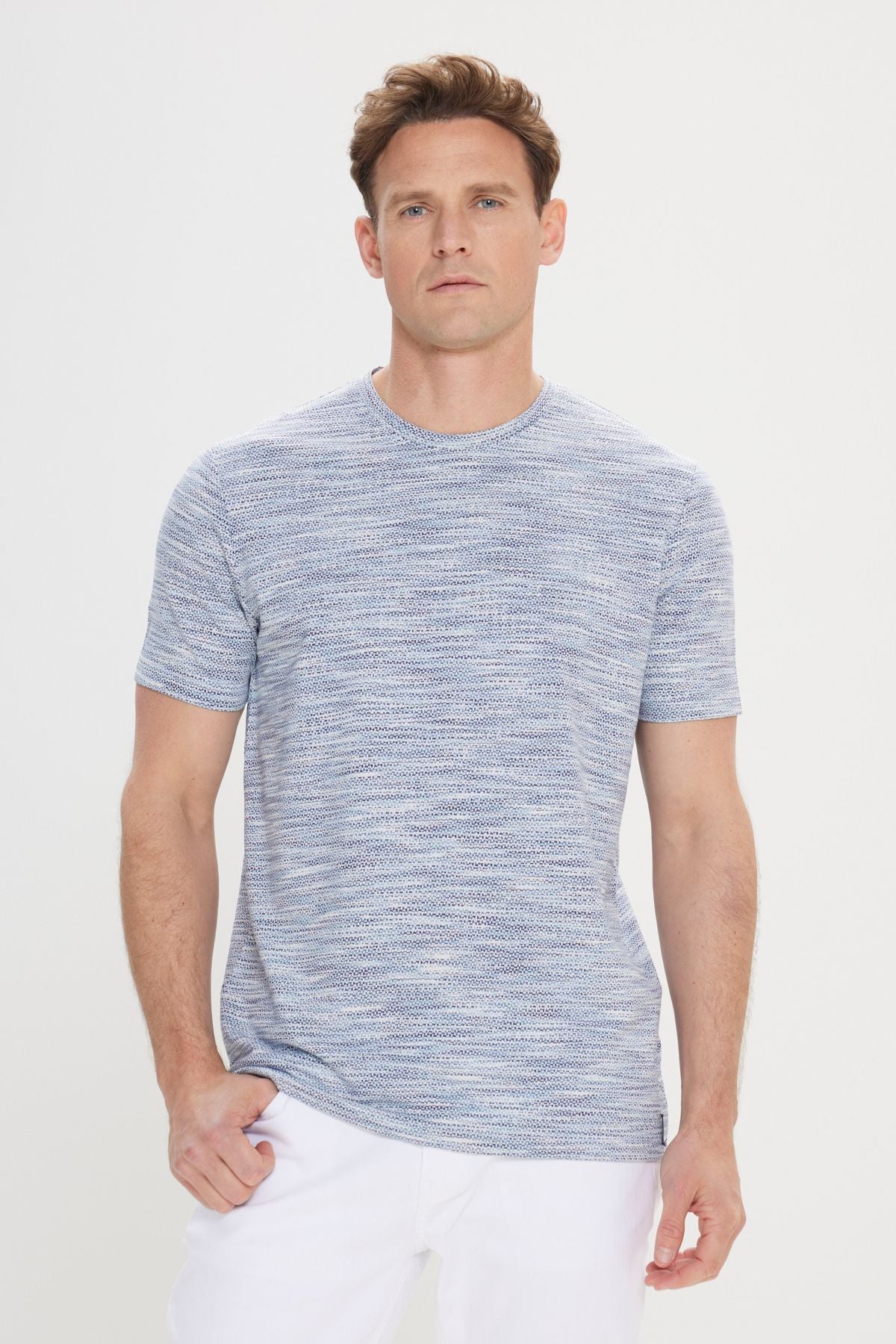 Slim Fit Narrow Cut Bike Cotton Cotton Jacquard Blue T -shirt