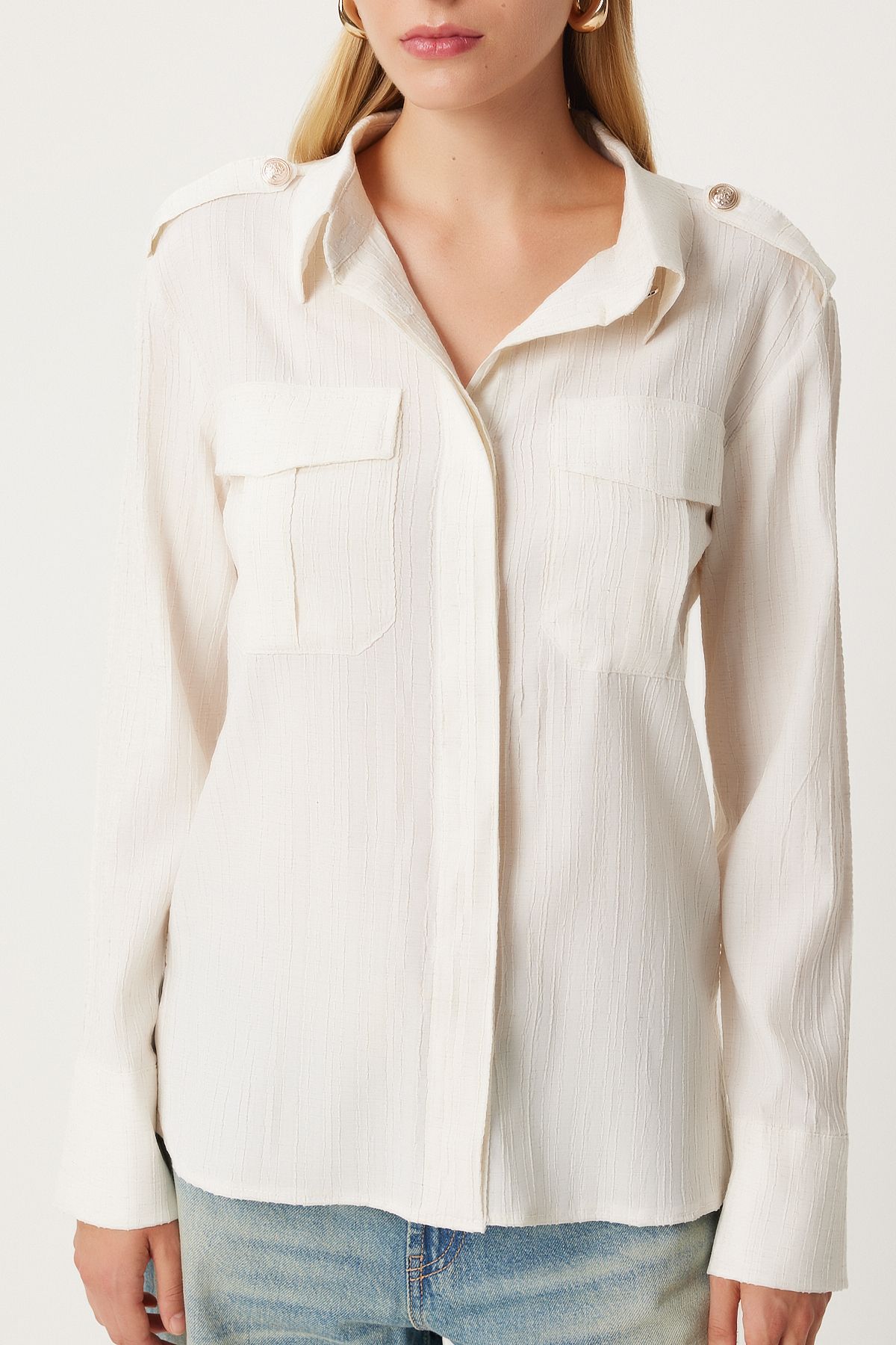 Women's Cream Stylish button detailed shirt FN03267