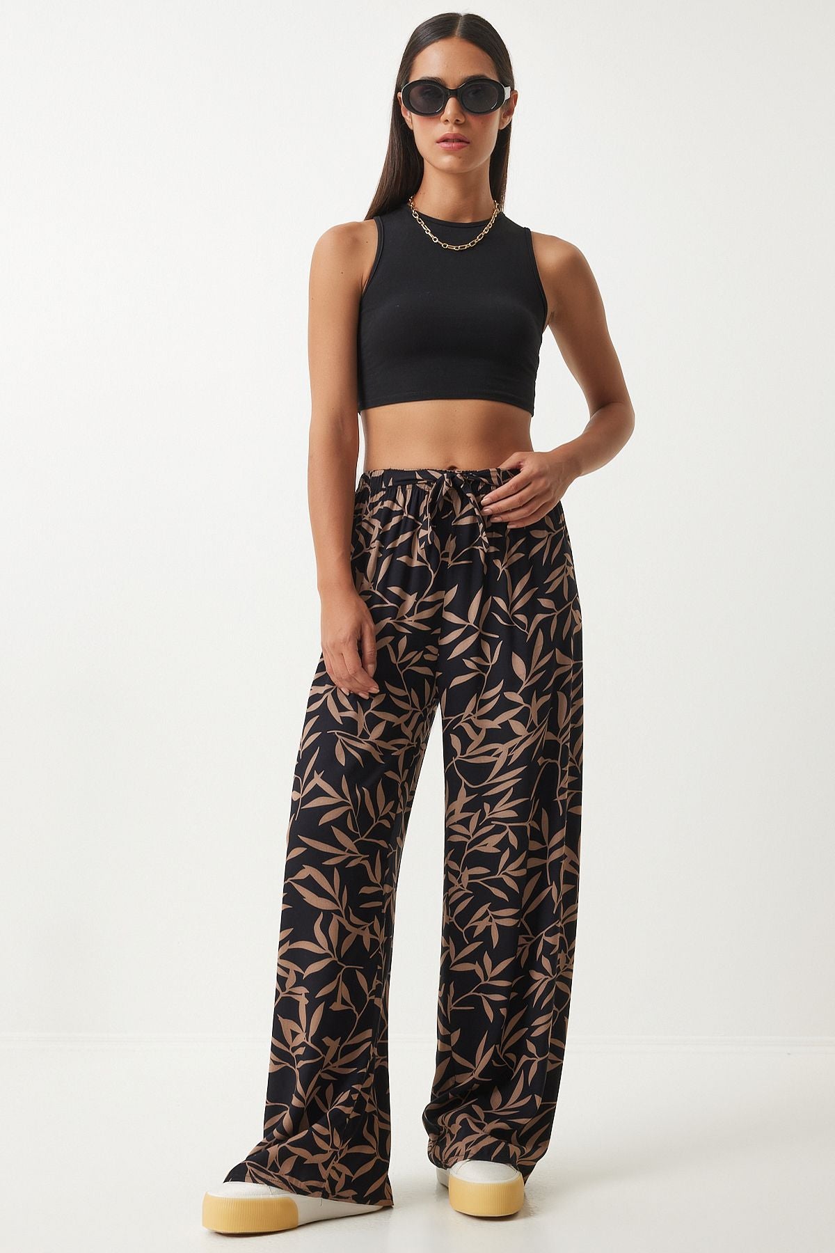 Female Black Mink Patterned Viscose Palazzo Pants EN00606