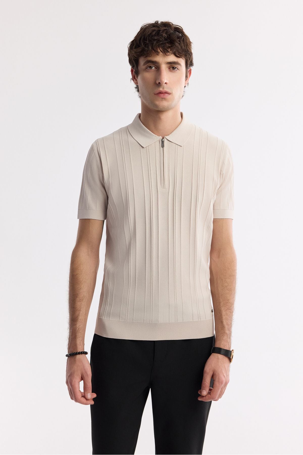 Men's Beige Polo Yaka Zippered Wick Knit Detailed Rayon Triko T-Shirt A51Y5046