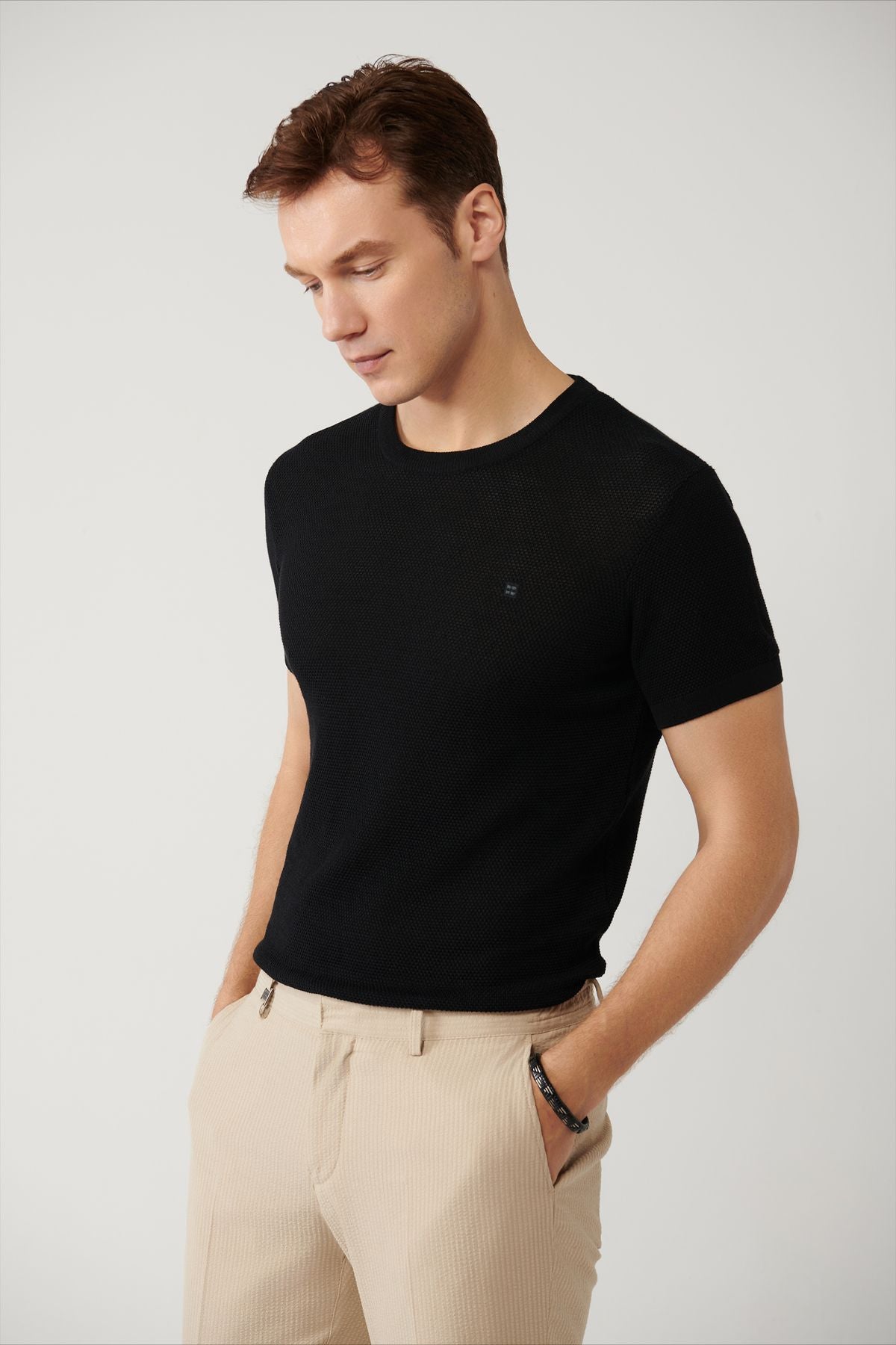 Men's Black Modal Bicycle Collar textured riban knitwear T-shirt B005010