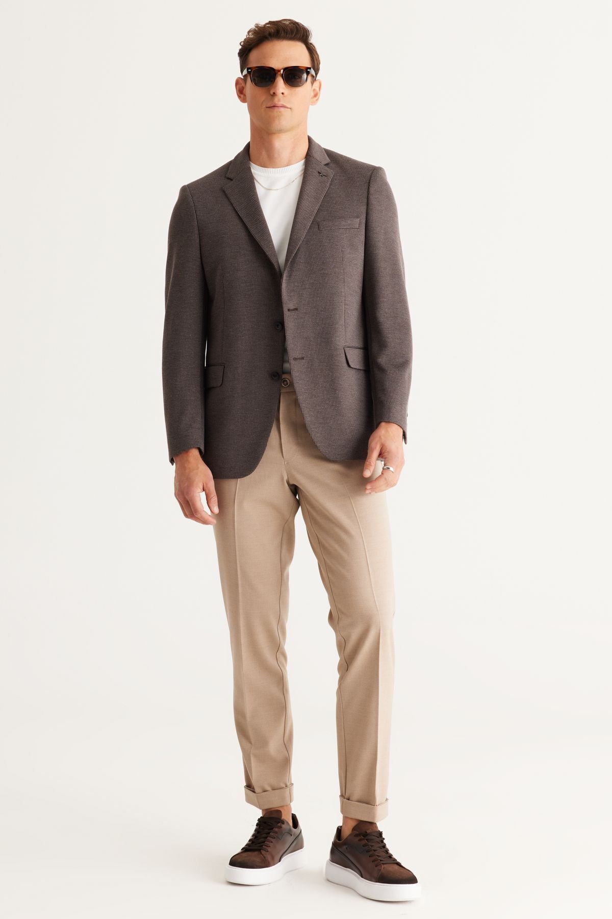 Men's Beige Slim Fit Narrow Cut Waist Waist Flexible Classic Fabric Pants