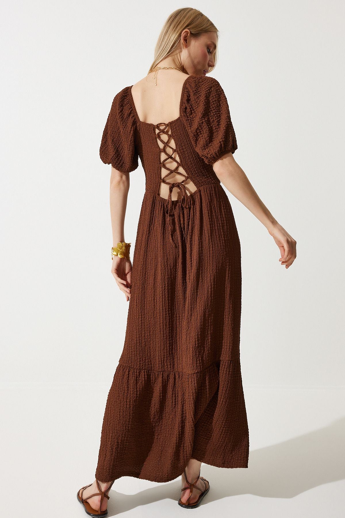 Female Brown Heart Collar textured summer knitted dress ub00050