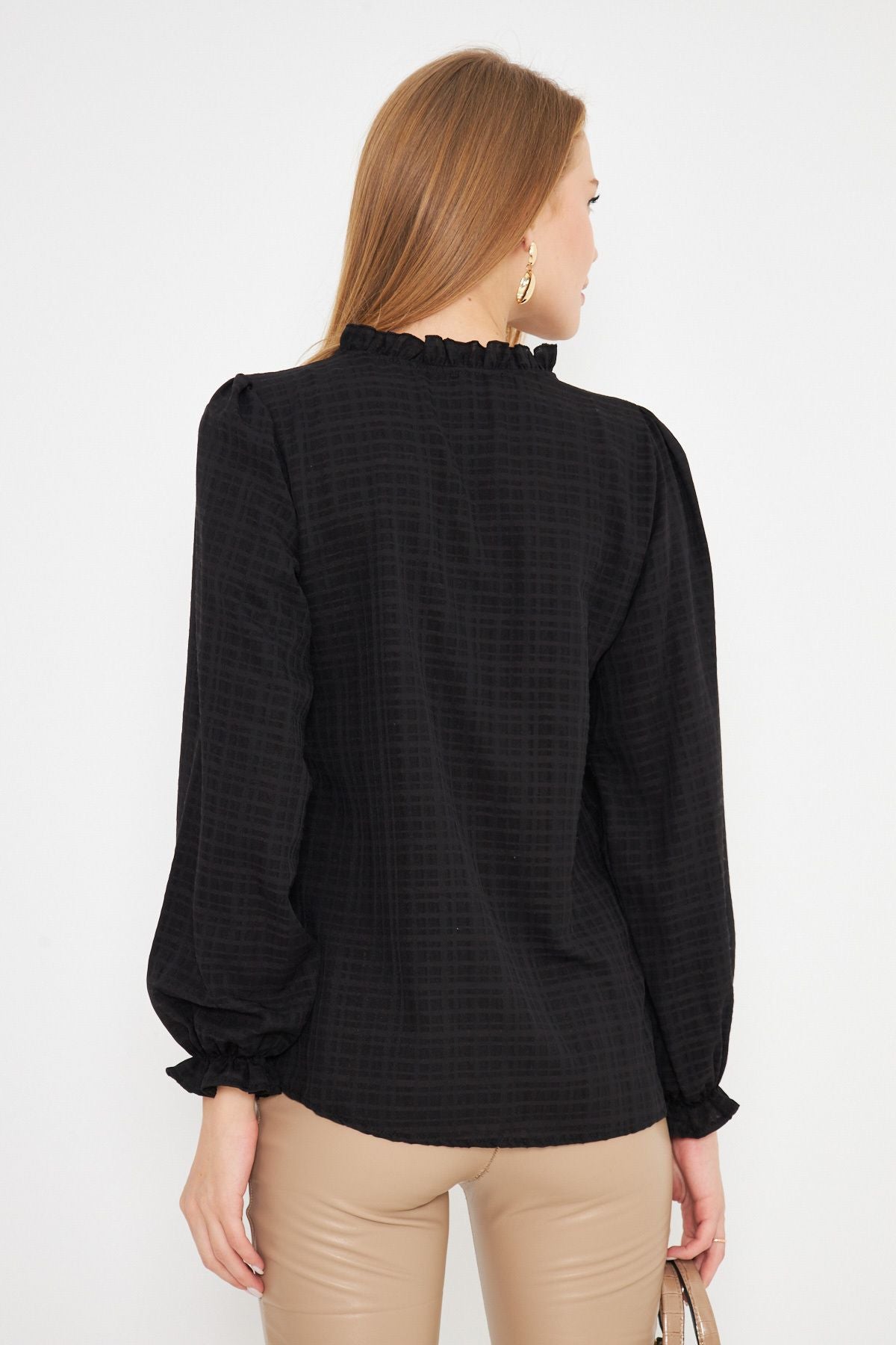 Female Black Side and Ruffle Detailed Arms with Tire Long Sleeve Blouse ARM-25K001030