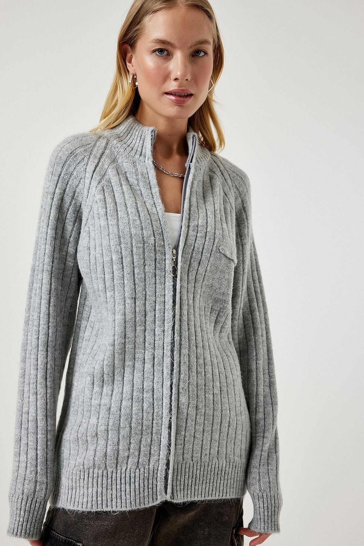 Women's Gray Zippered knitwear cardigan DD01301