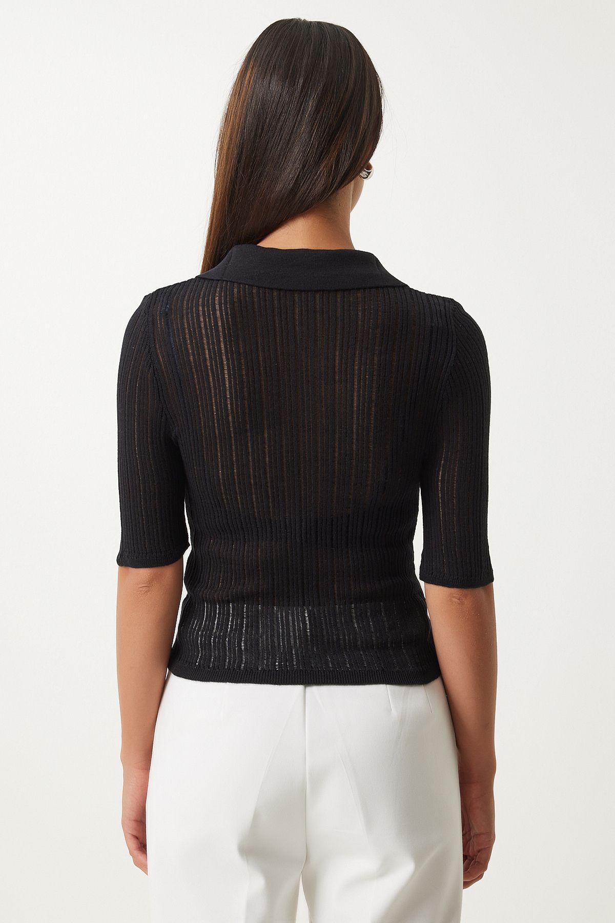 Female black polo collar light transparent knitwear blouse FN03211