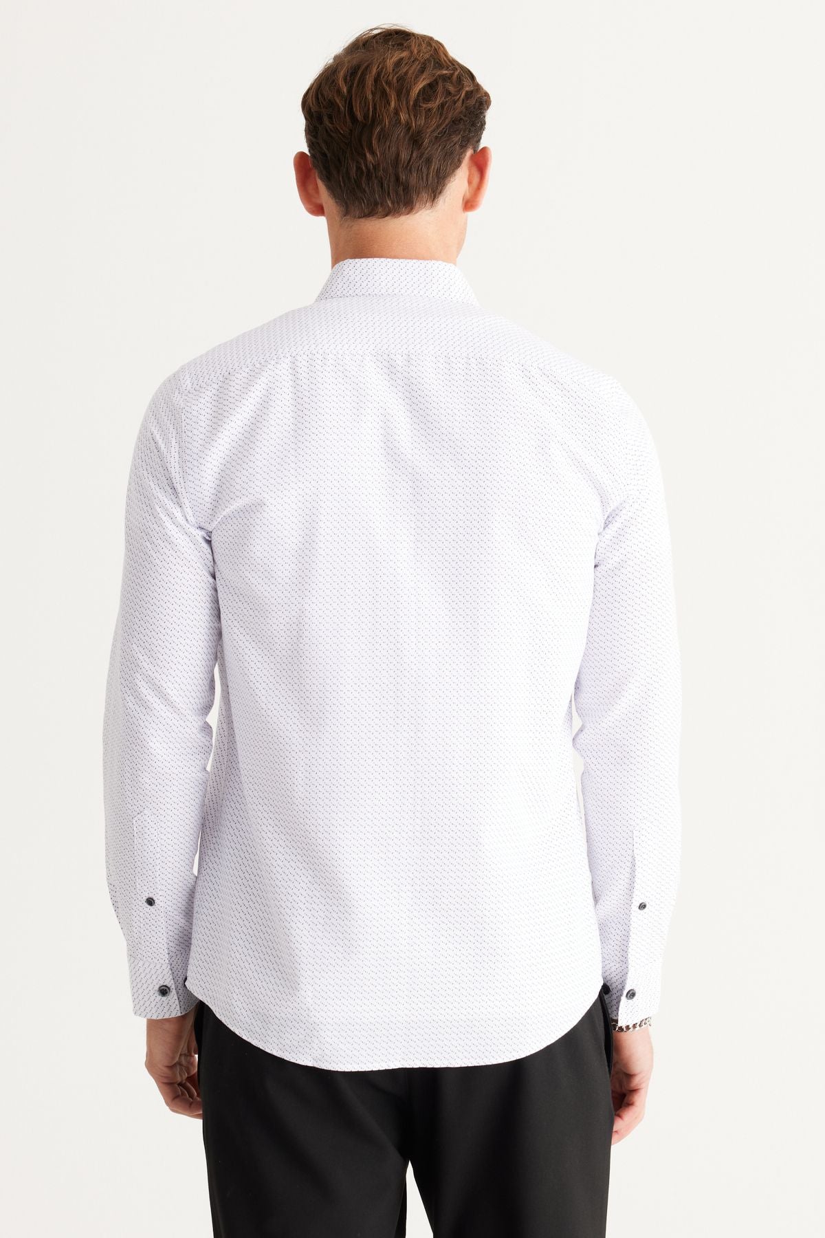 Men's White-Black Slim Fit Narrow Cut Hidden button collar cotton printed shirt