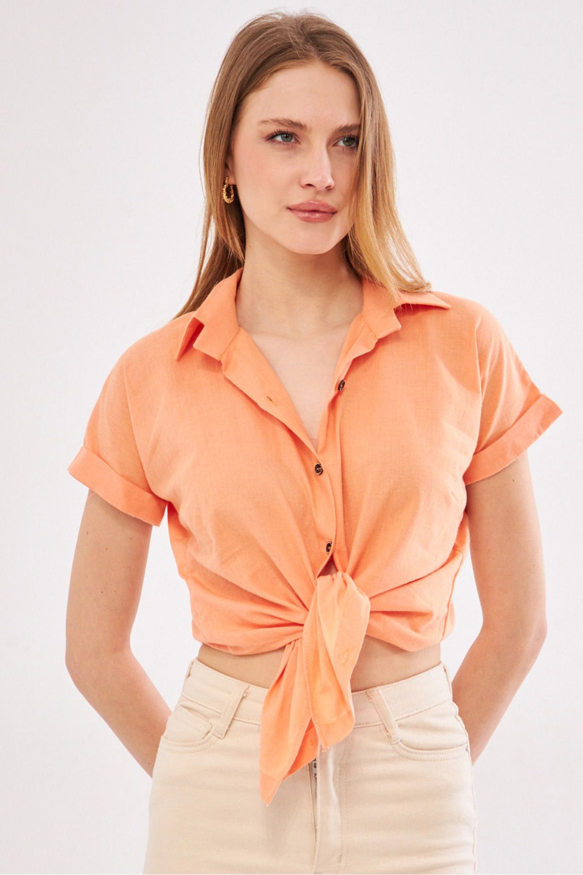 Woman Yavruağzı Short Sleeve Linen Shirt ARM-24Y001038