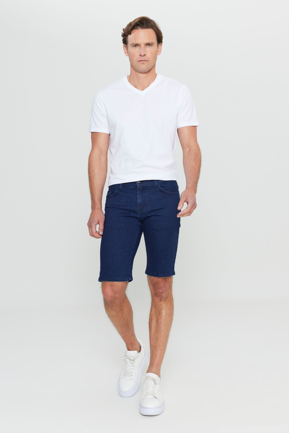 Men's dark navy blue slim fit narrow cut cotton flexible denim shorts