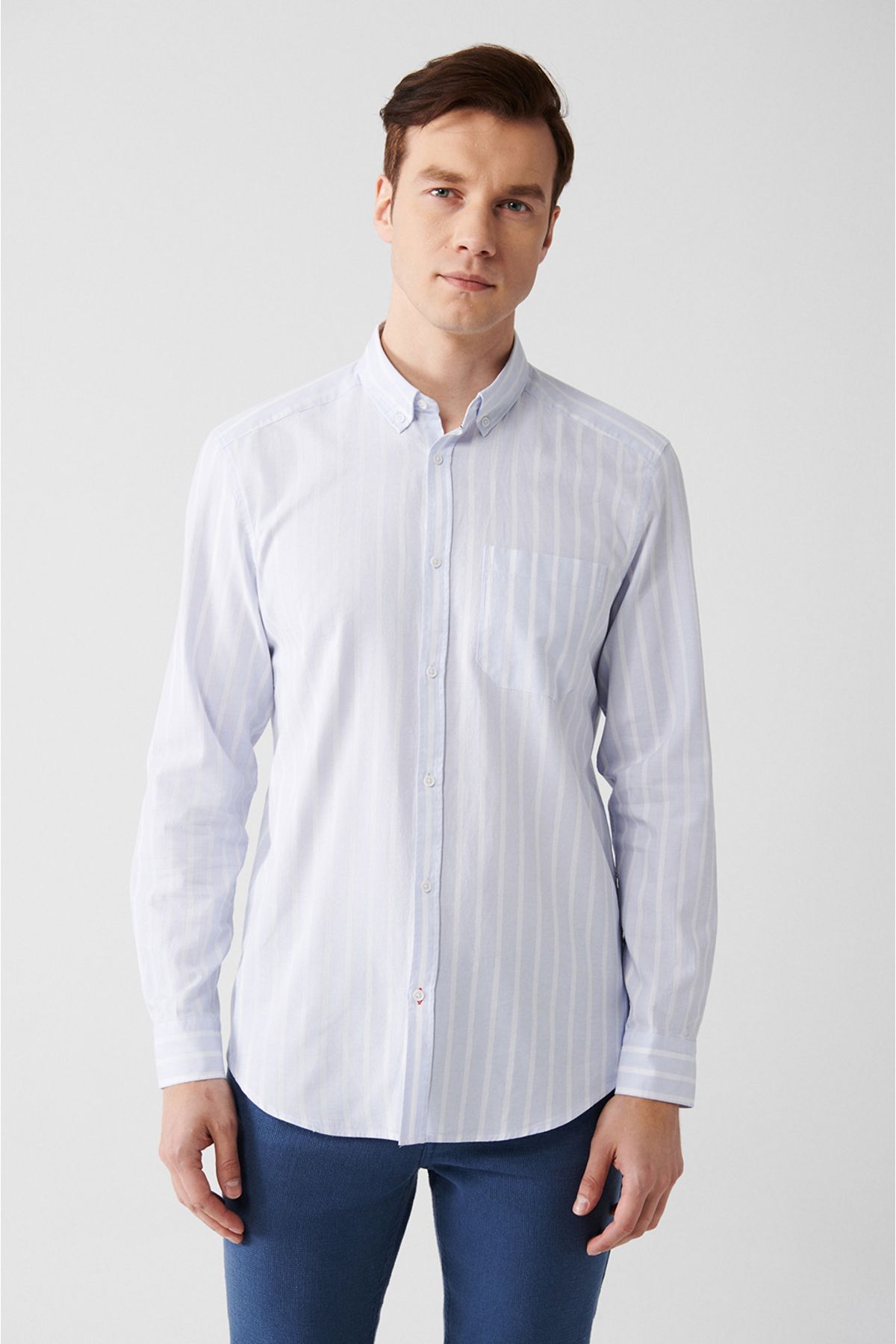 Men's light blue 100 %cotton oxford striped shirt A31y2055