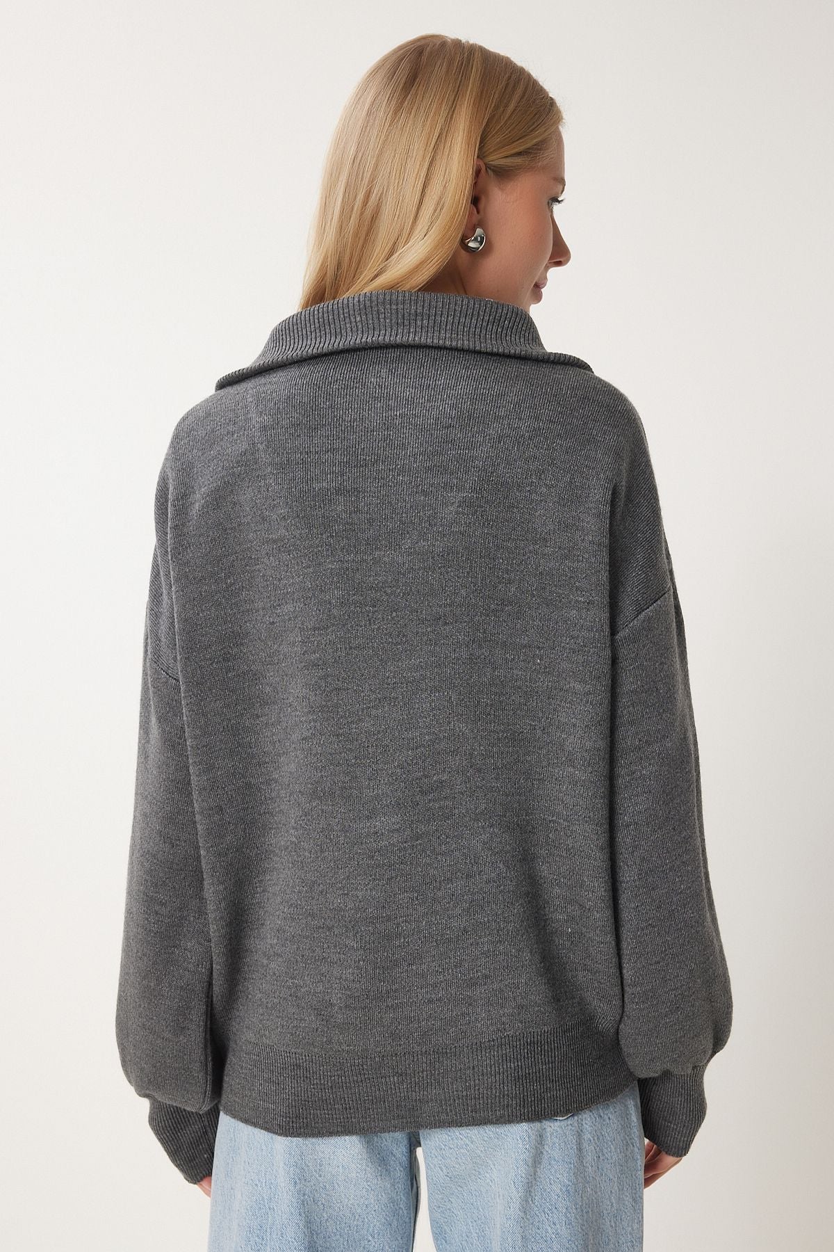 Female anthracite zipper collar Basic knitwear sweater pf00007