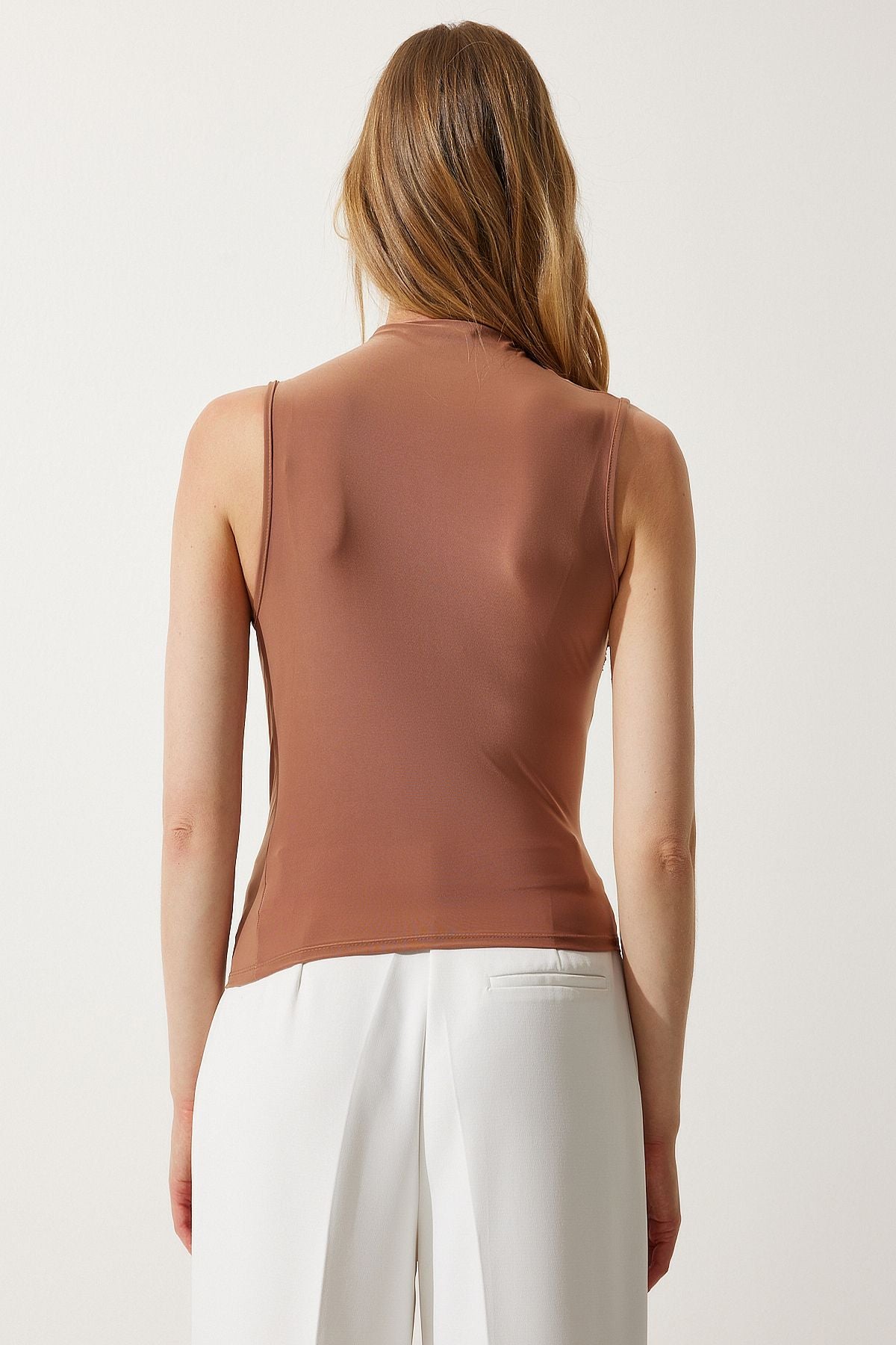 Female Milk Coffee Shirred Sleeveless Sandy Knitting Blouse Li00108
