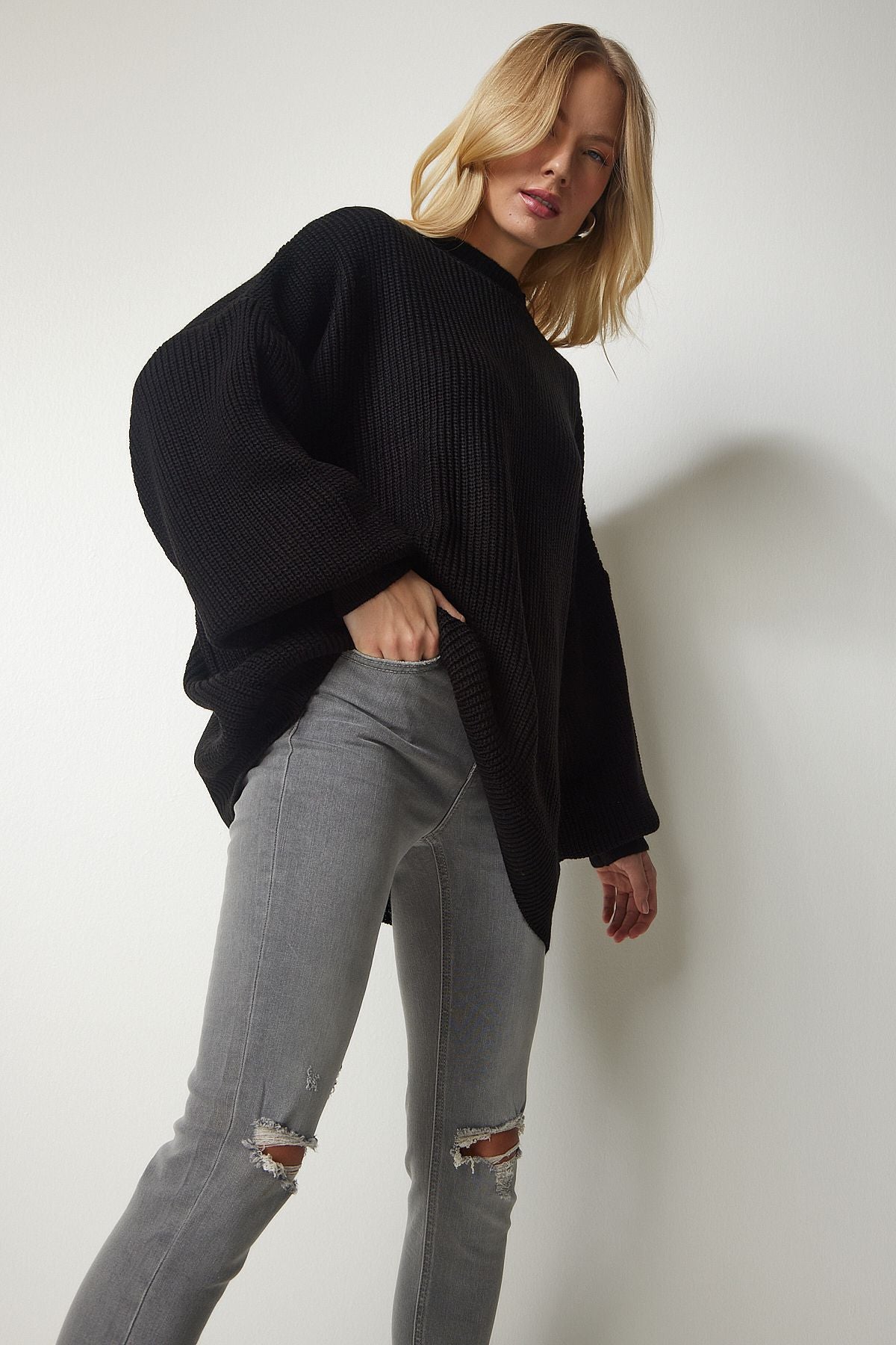 Woman Black Oversize Basic Knitwear Sweater MX00126