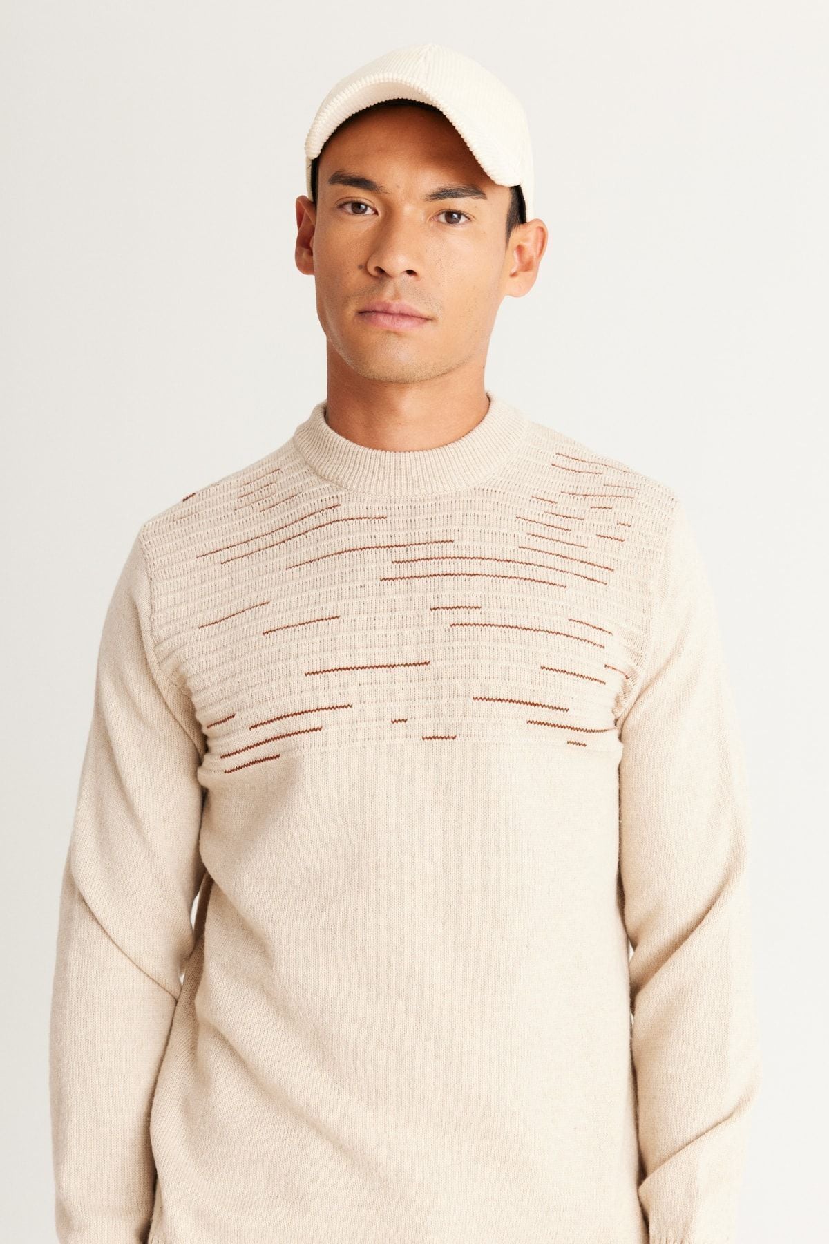 Men's Beige-Rıremıt Standard Fit Normal Cut Half Fisherman Yaka knitwear sweater