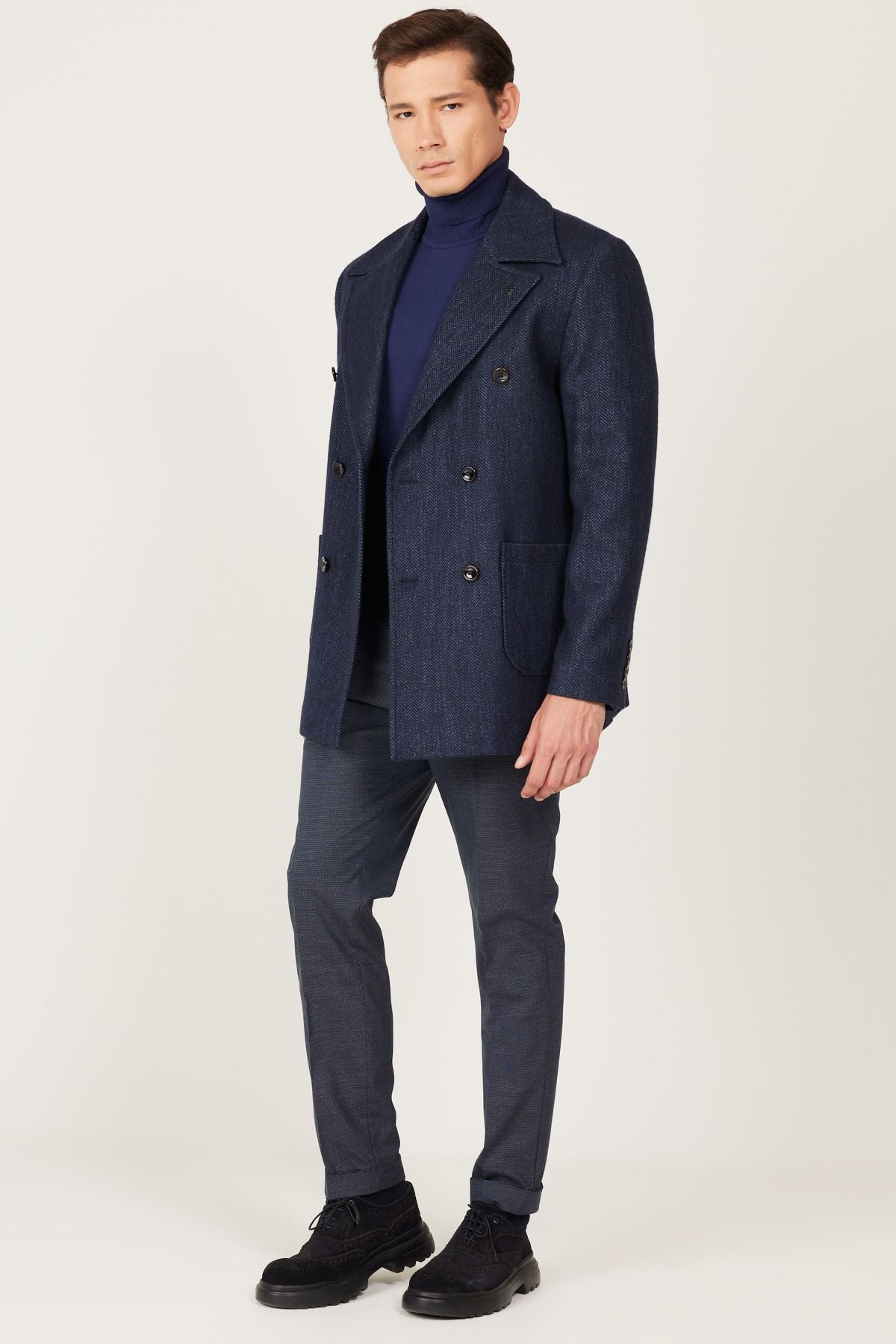 Men's navy blue standard fit normal cutting mono collar patterned coat