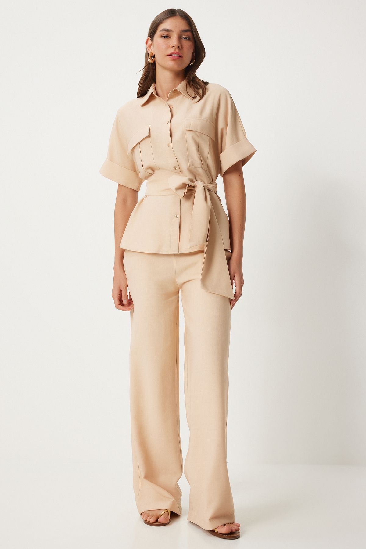 Female beige belt shirt pants weaving set FN03276