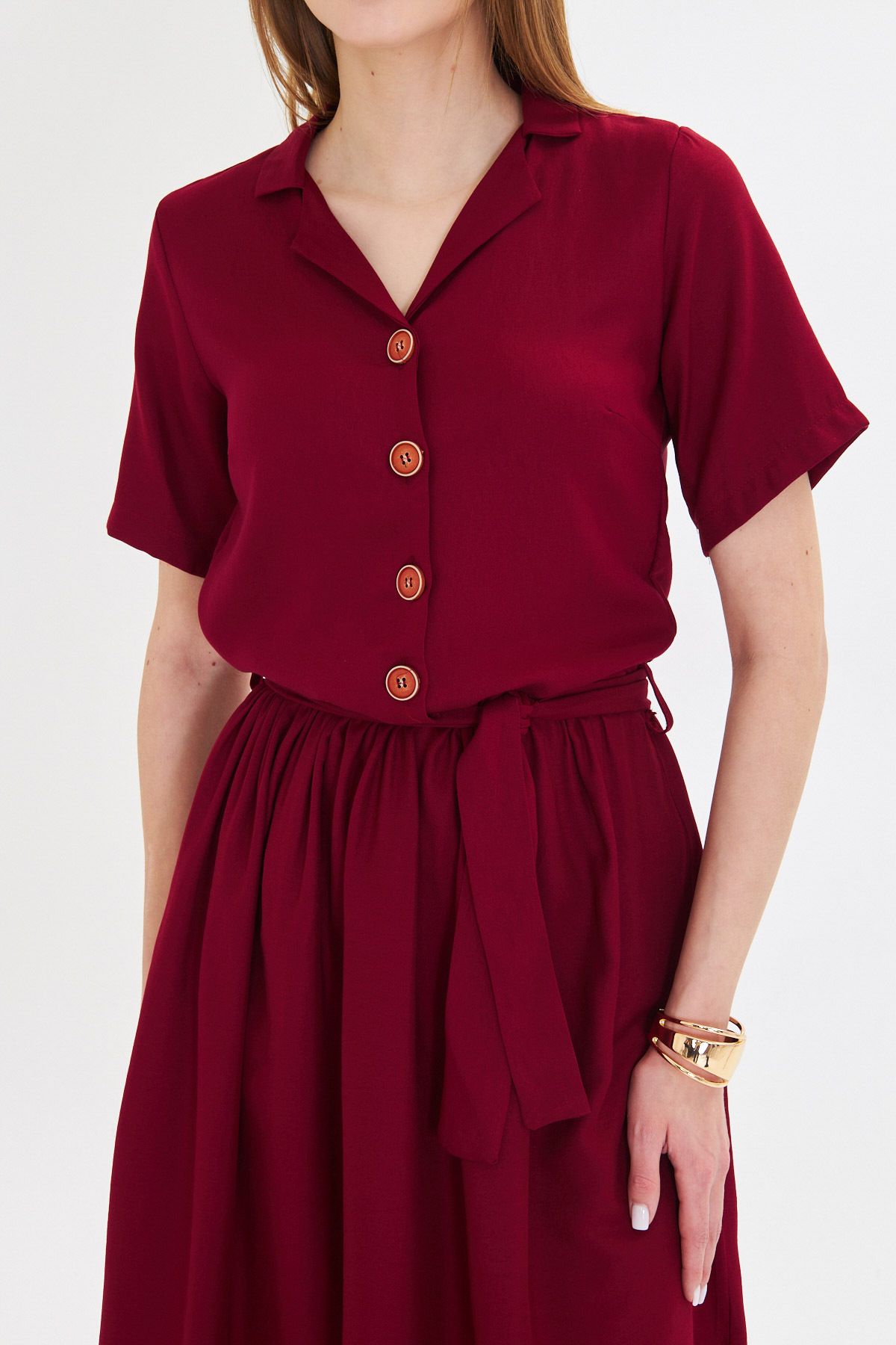 Female Bordeaux front buttoned waist shirred belt midi size dress ARM-24Y001068