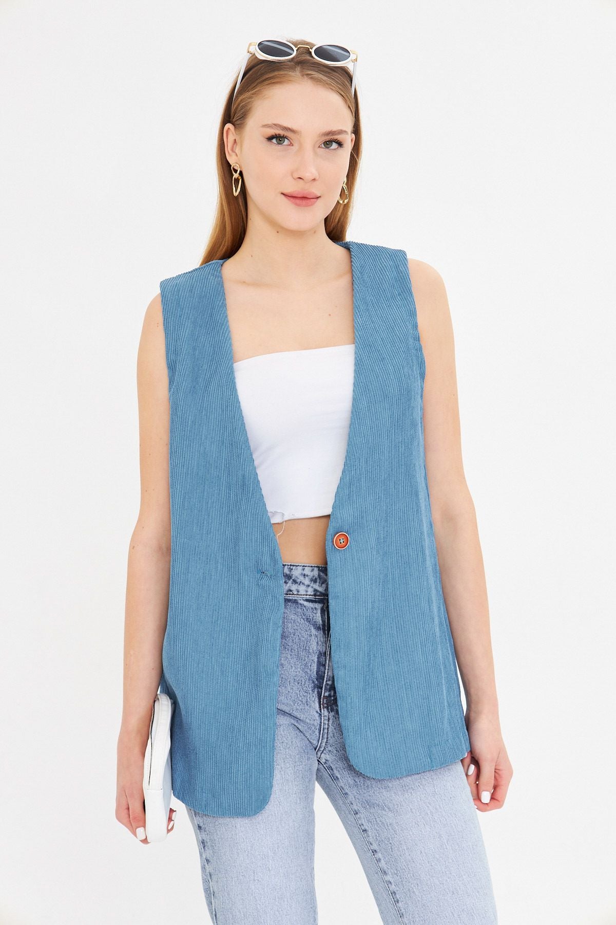 Woman Blue V-Neck Single Button Oversizle Thick Wick Velvet Vest Arm-25k001016