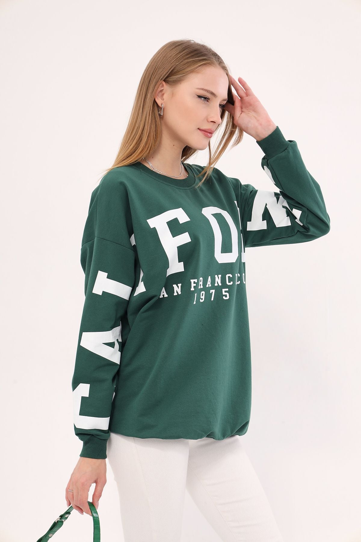 Woman Dark Green Bicycle Collar Calıfornia Printed Oversize Sweatshirt Arm-25k001023