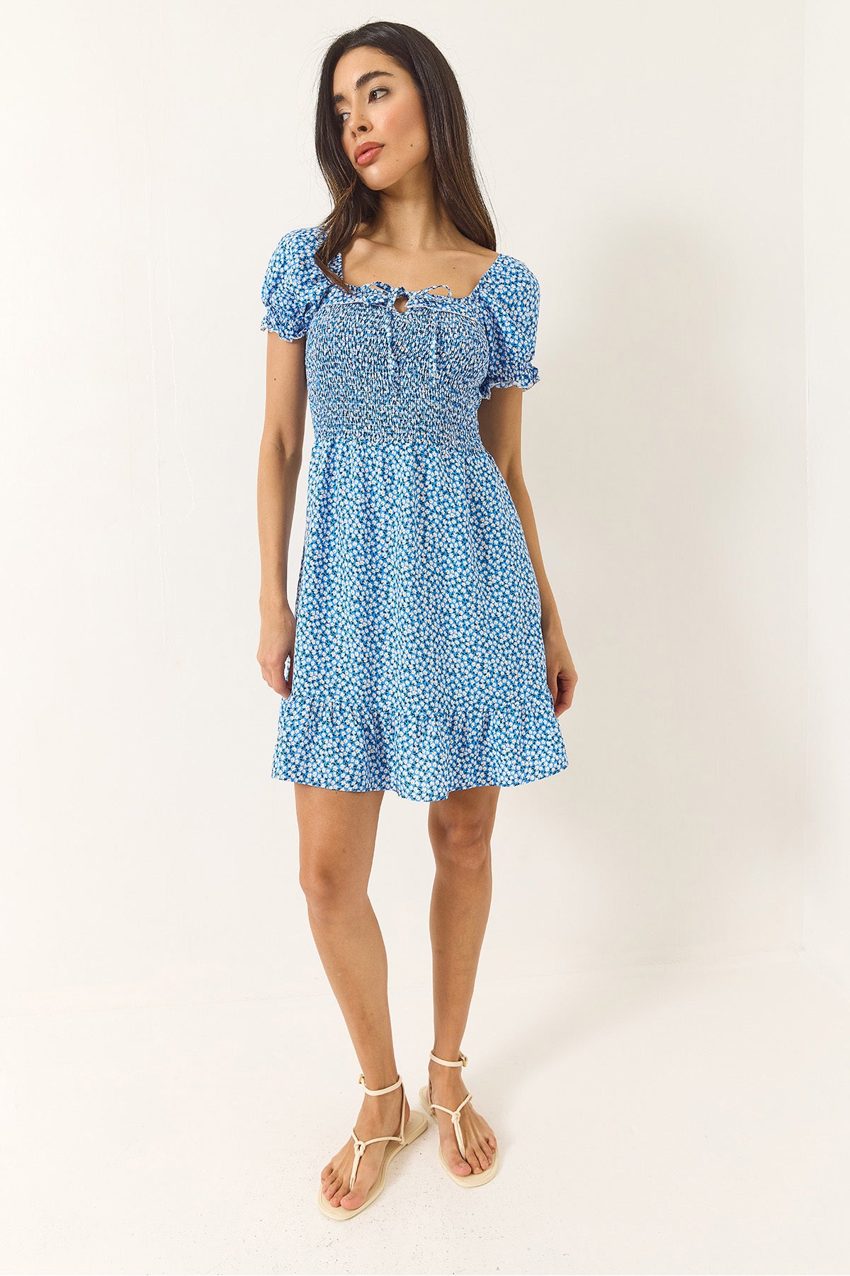 Women's Daisy Patterned Watermelon Sleeve Gimped Mini Viscose Dress 60283226