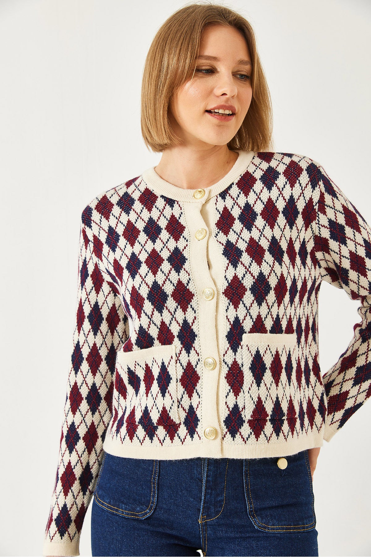 Women's Diamond Patterned Knitwear Cardigan with Pockets 20247581