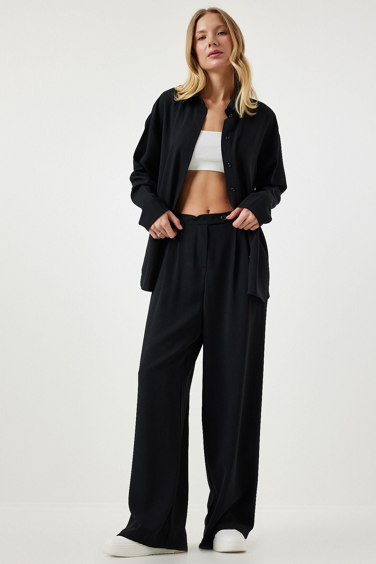 Female black seasonal weaving shirt palazzo pants set RV00174