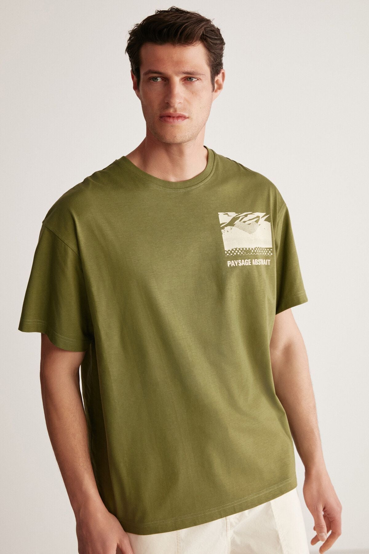 Stuart Men's Oversize Fit 100 %Cotton Thick textured printed printed khaki t-shirt