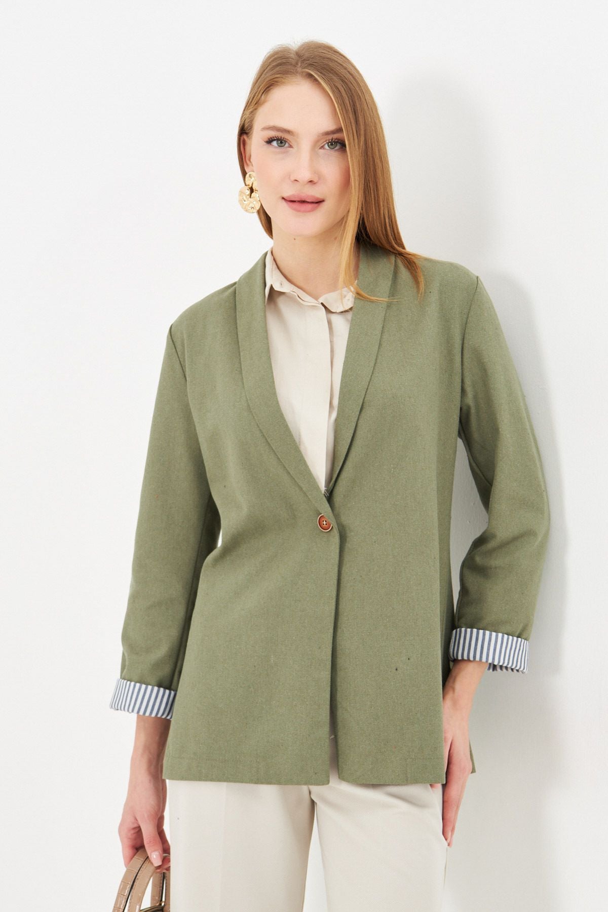 Female Green Arm Striped Single button Jacket ARM-22K001122