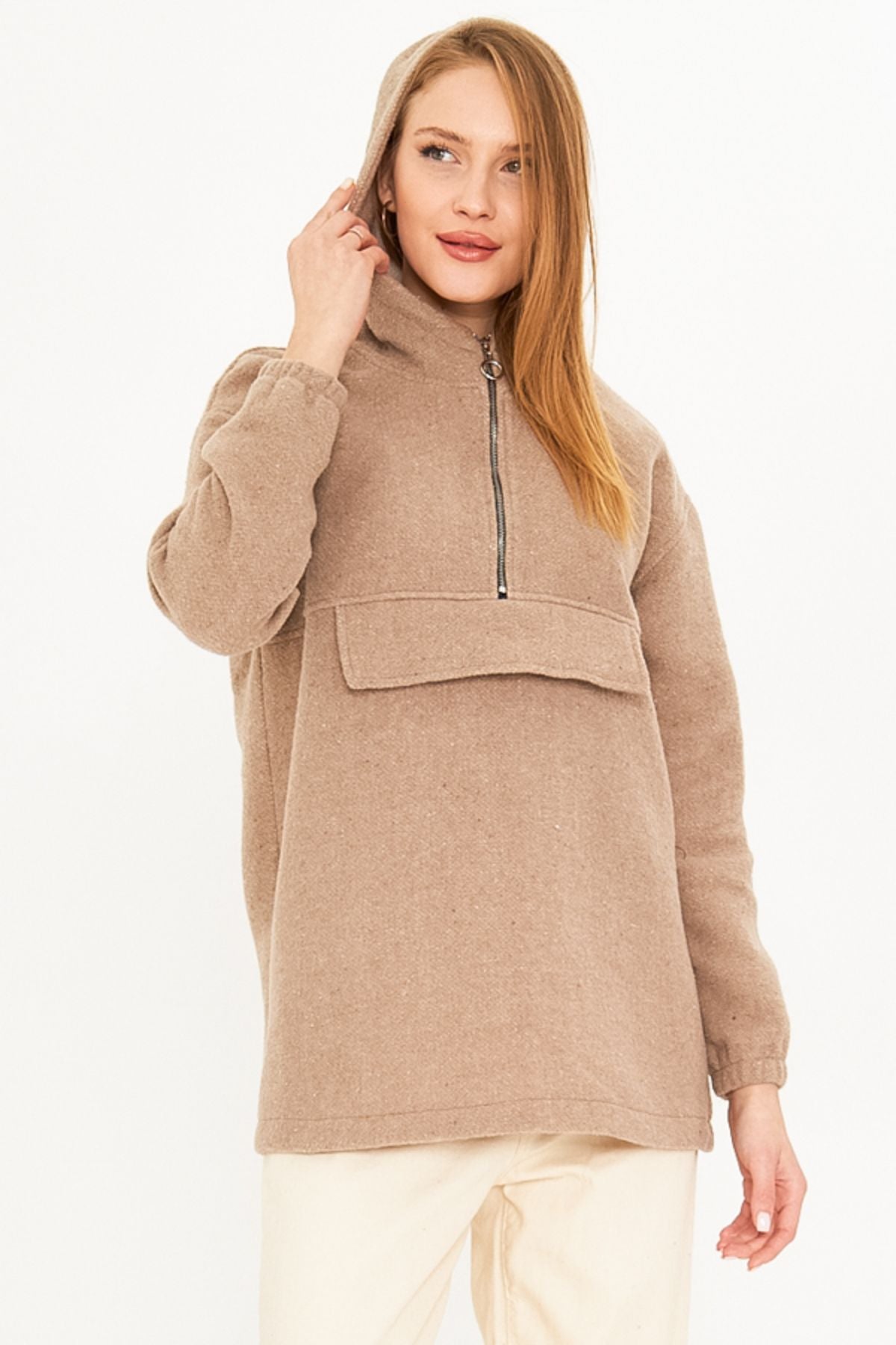 Female Beige Hooded Mobile Caple Stamp Sweatshirt Arm-25k001097