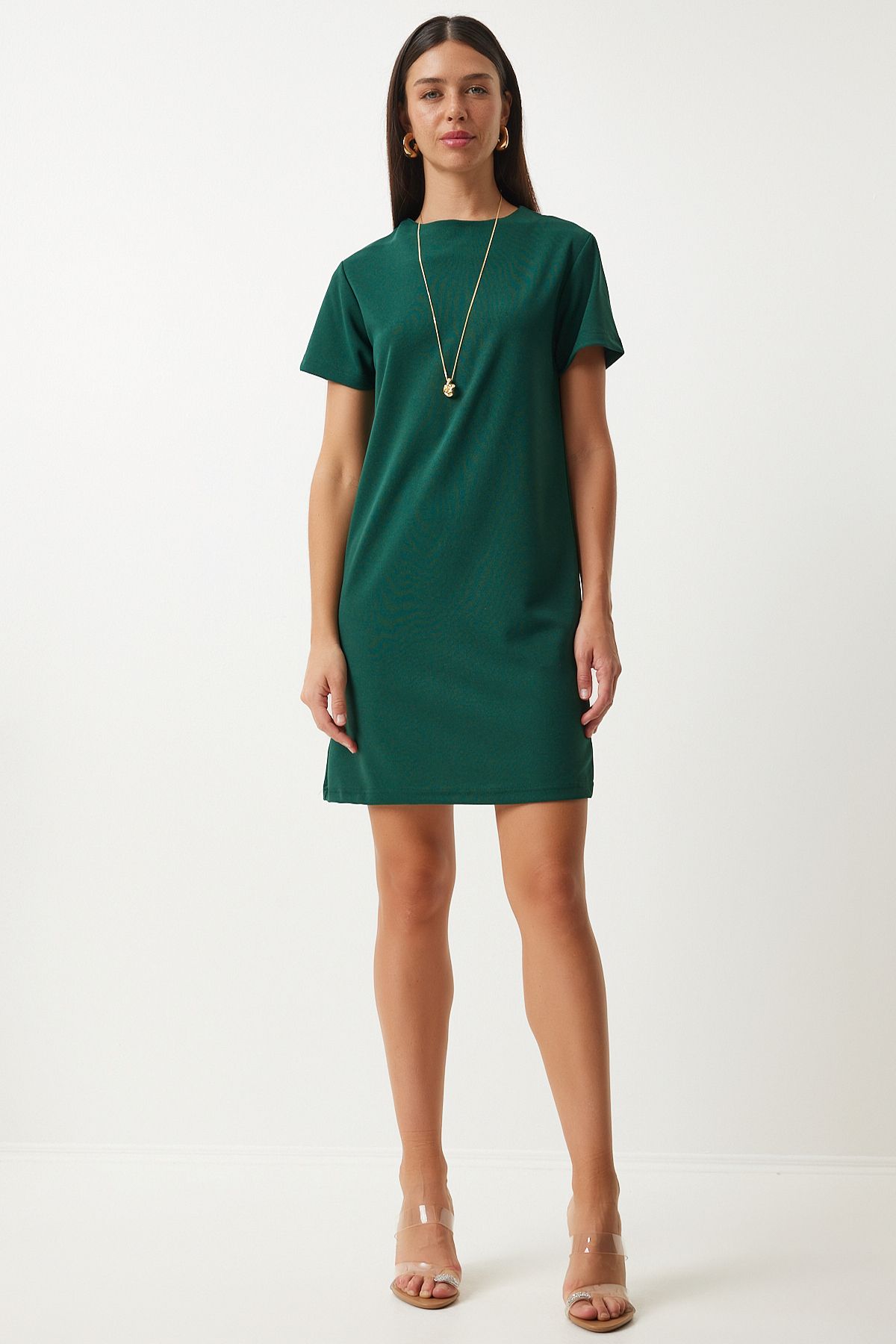Female emerald green bike collar Basic crepe dress to00136