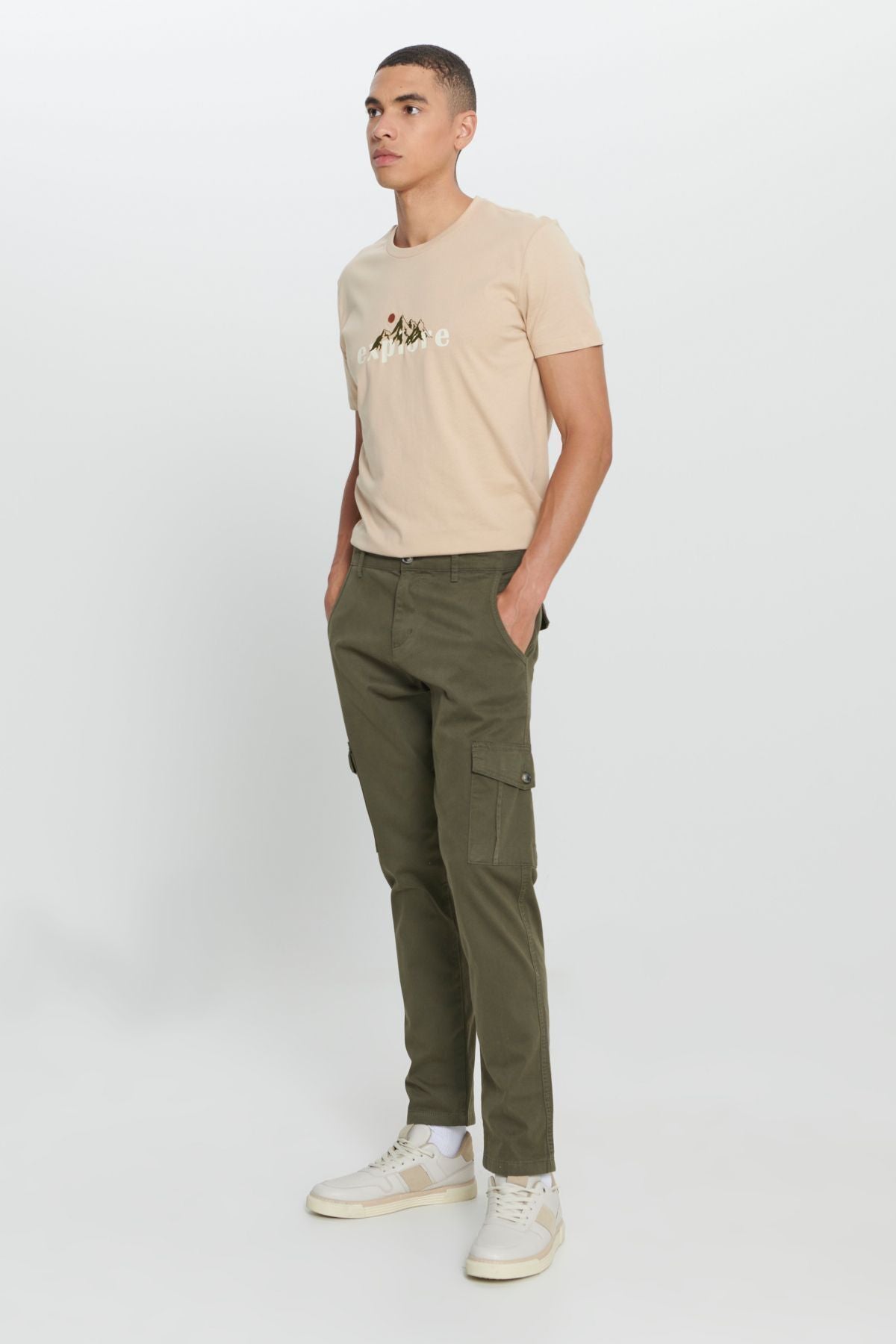 Men's Khaki Extra Slim Fit Narn Cut Cargo Pocket Cotton Flexible Pants