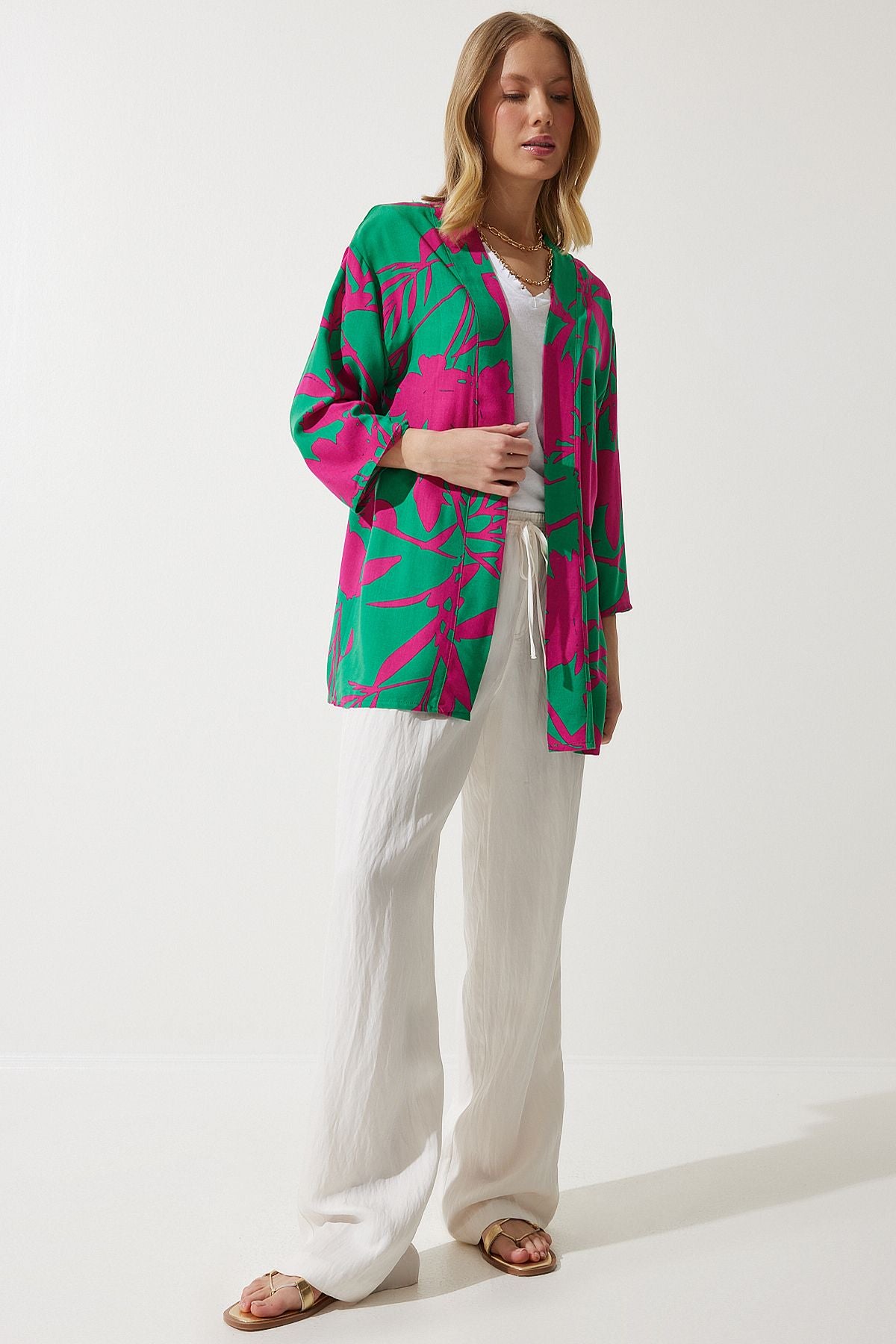 Female green pink patterned viscone Kimono EN00615