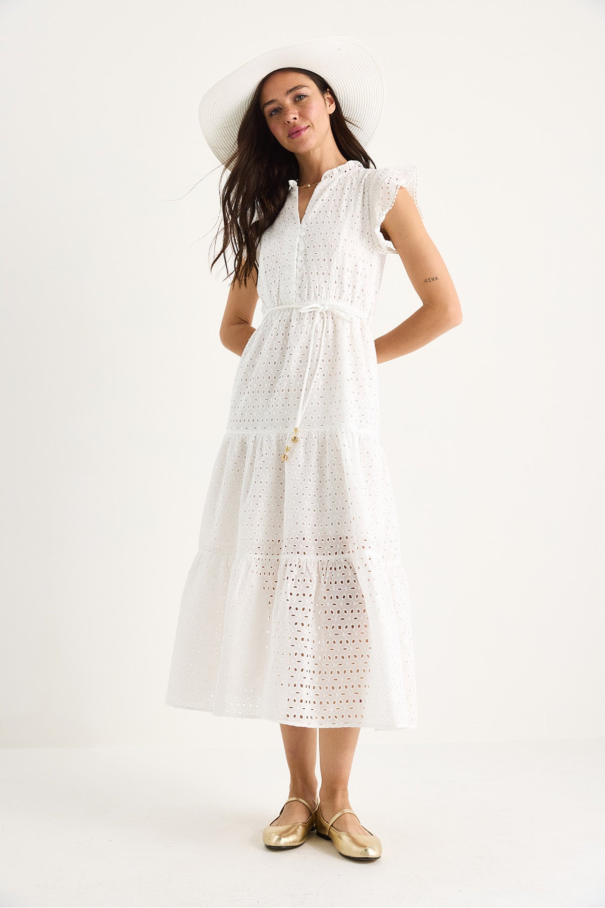 Women's V-Neck Sleeve Detailed Lined Midi Length Scallop Dress 3045 60283378